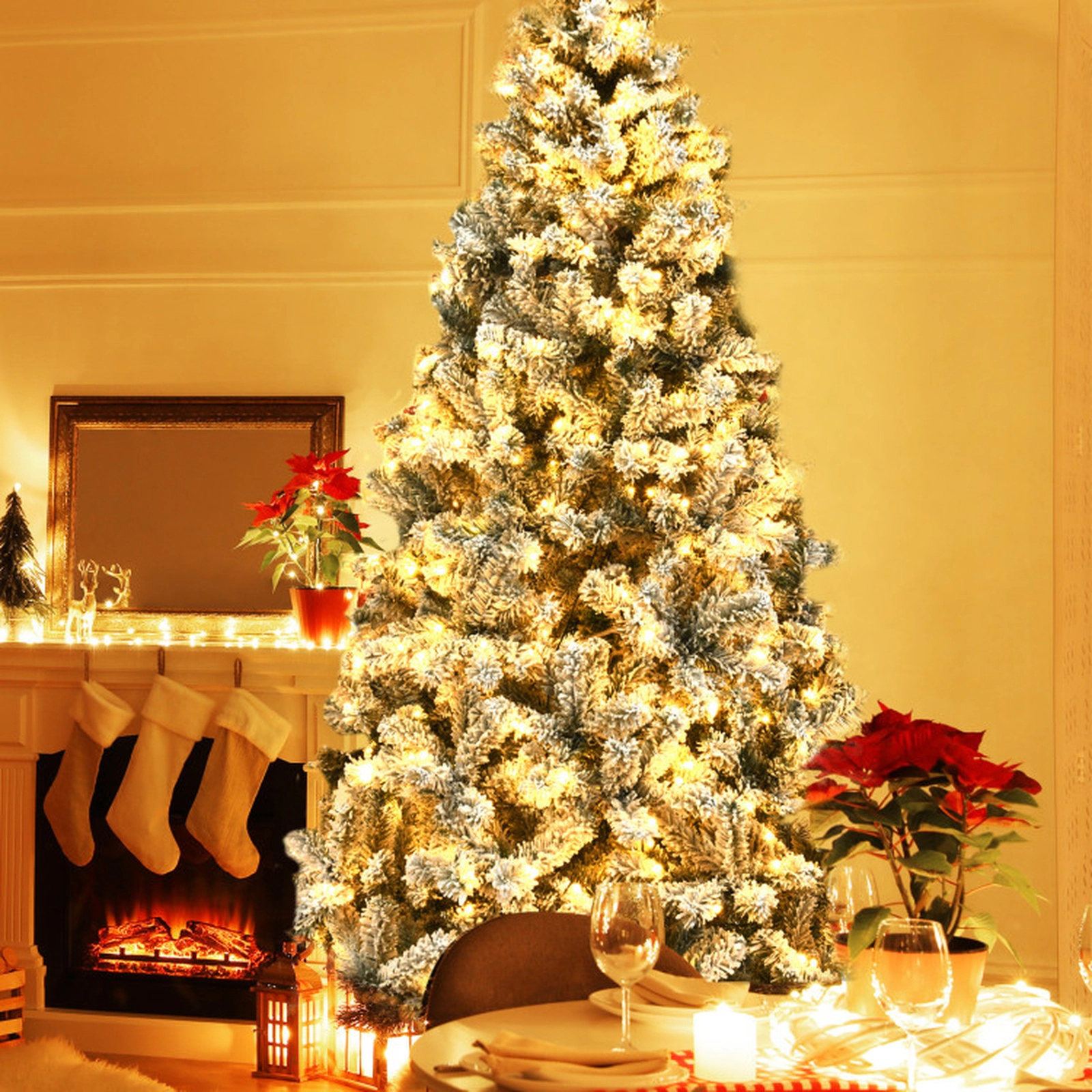SUGIFT Pre-Lit Snow Flocked Hinged Artificial Christmas Tree 7.5-ft Tall 1010 Tips & 450 LED Lights with Metal Stand