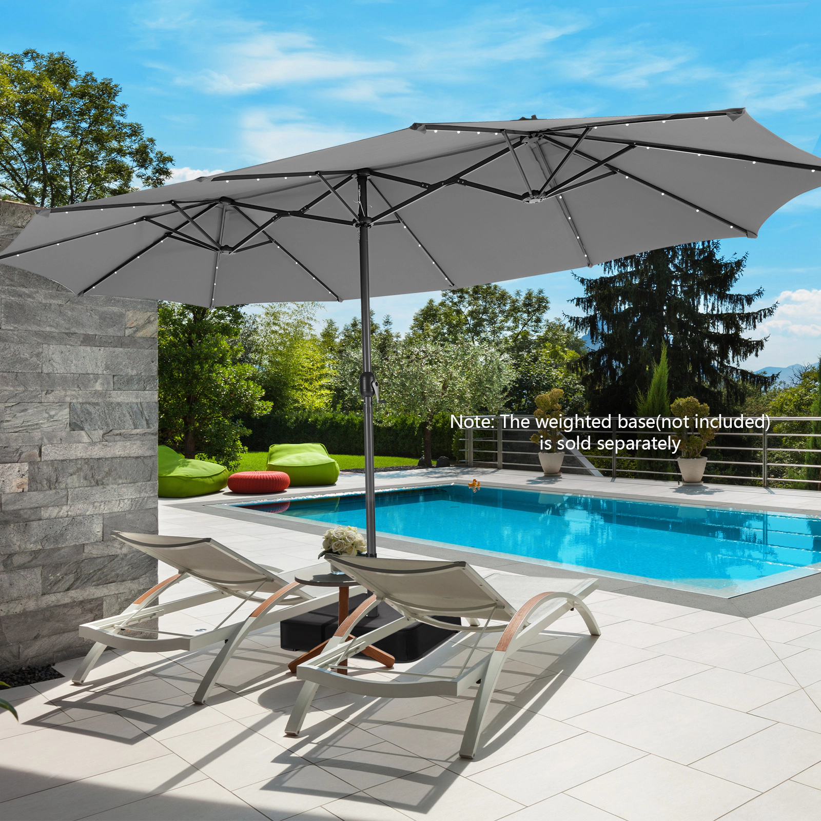 SUGIFT 15-ft Gray Rectangular Double-Sided Patio Umbrella with 48 Solar LED Lights