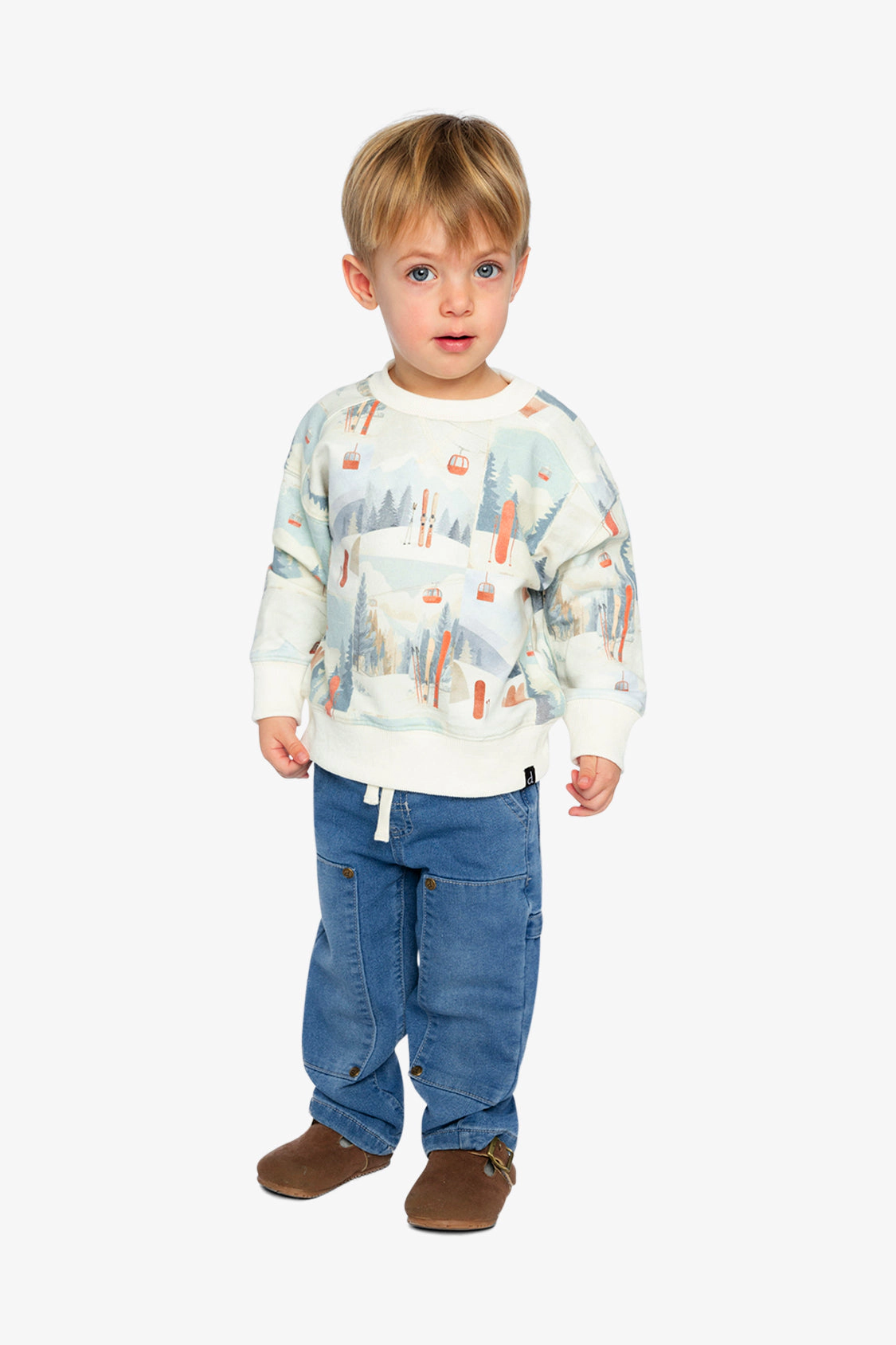 Deux par Boys Fleece Ribbed Crewneck Ski Print Sweatshirt