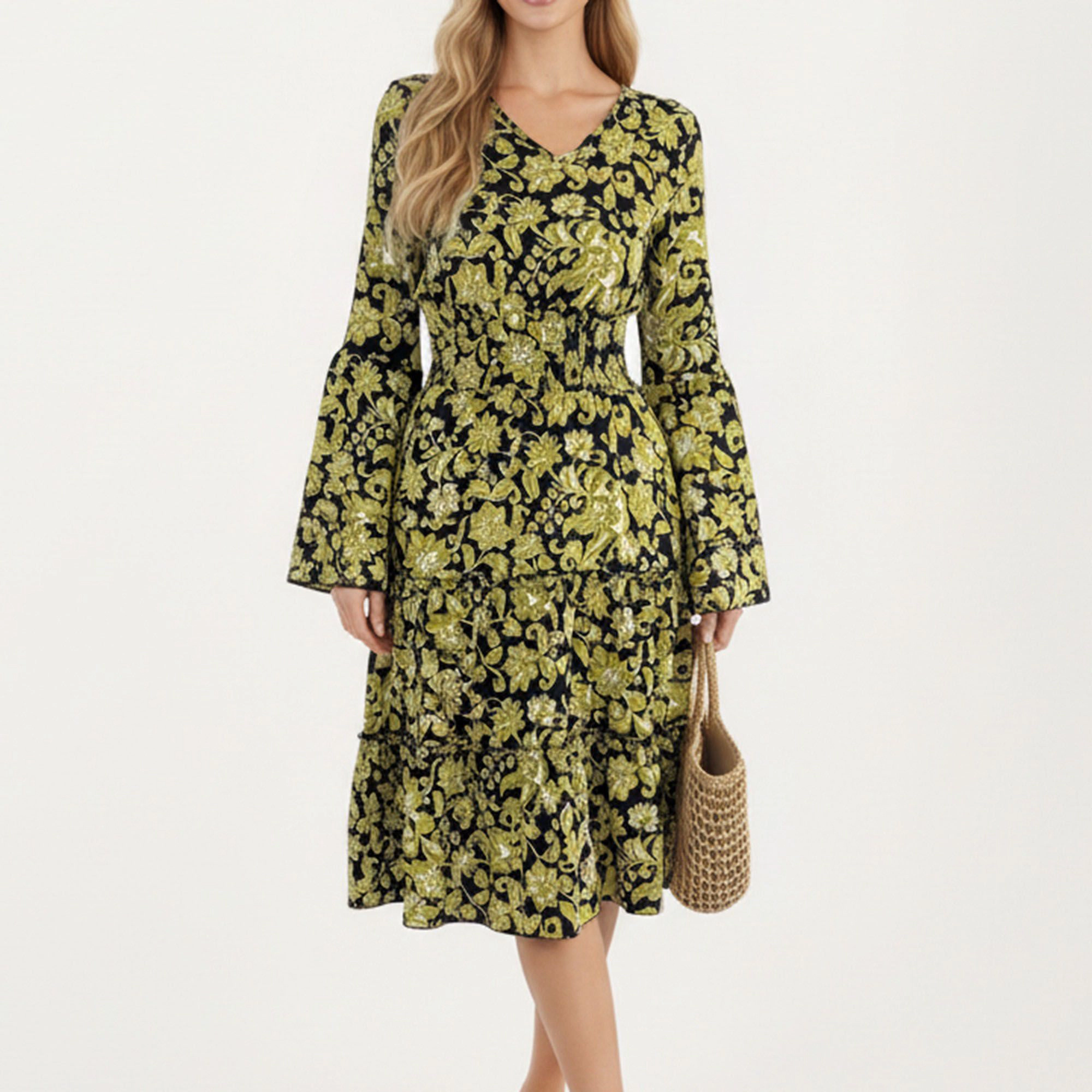 Anna-Kaci Women's Floral V Neck Bell Sleeves Tiered Skirt Dress