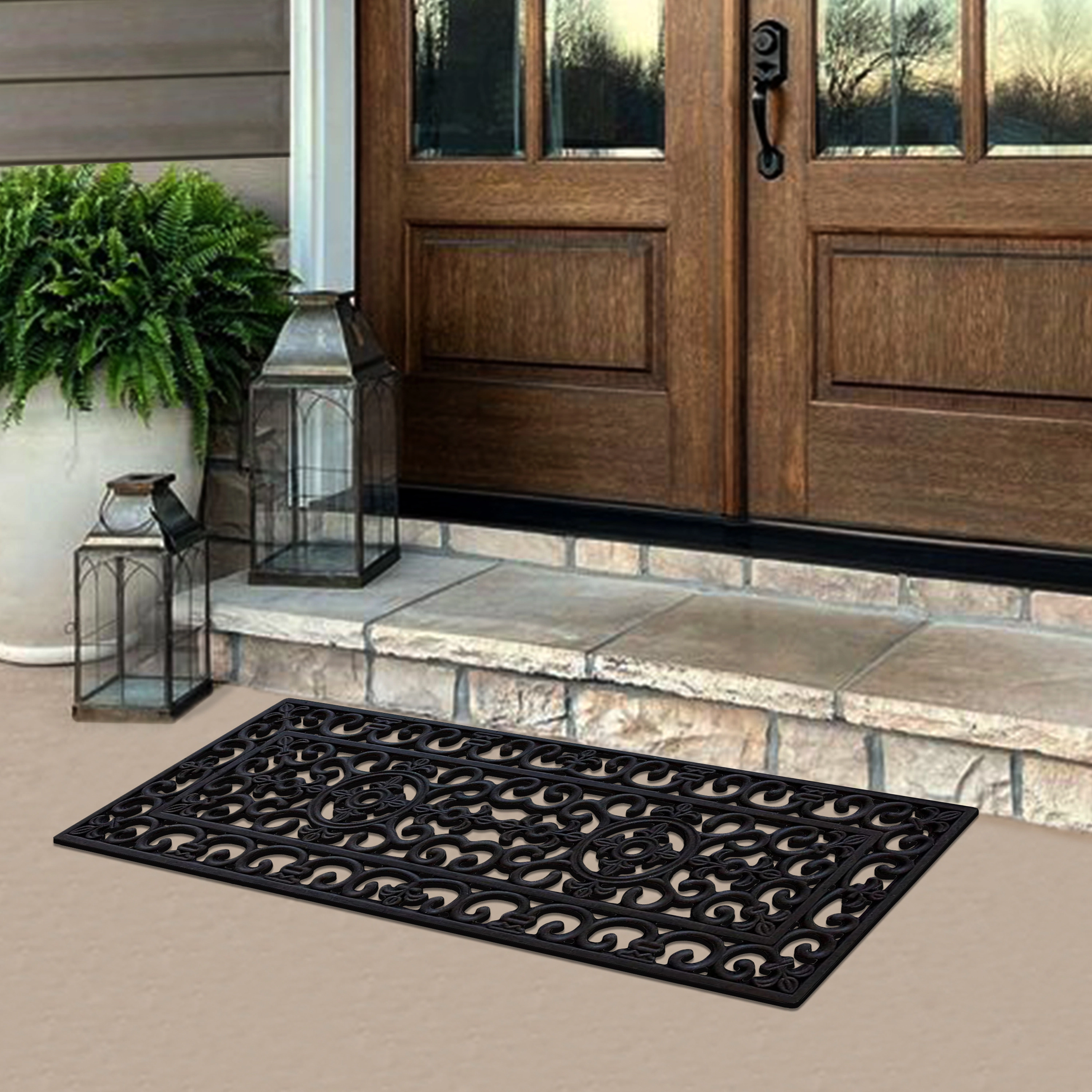 A1 Home Collection 8 lb Heavy Duty Rubber Outdoor Doormat Non-Slip Dirt Scraper Mat, Black Paisley, 18 x 48 Inches