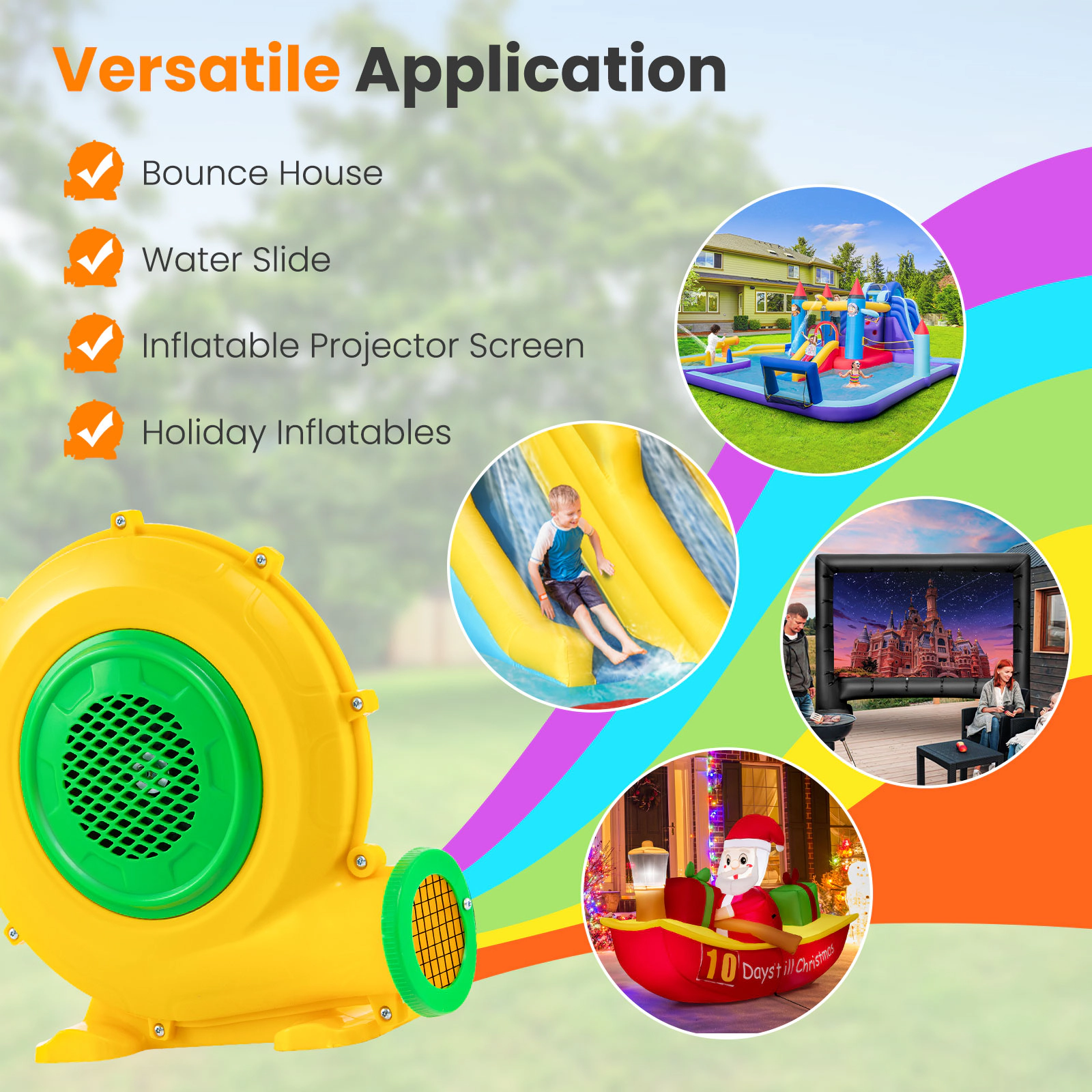 SUGIFT Yellow 680W Air Blower for Kids Bounce House with Carry Handle and 4 Ground Stakes 13-ft Power Cord
