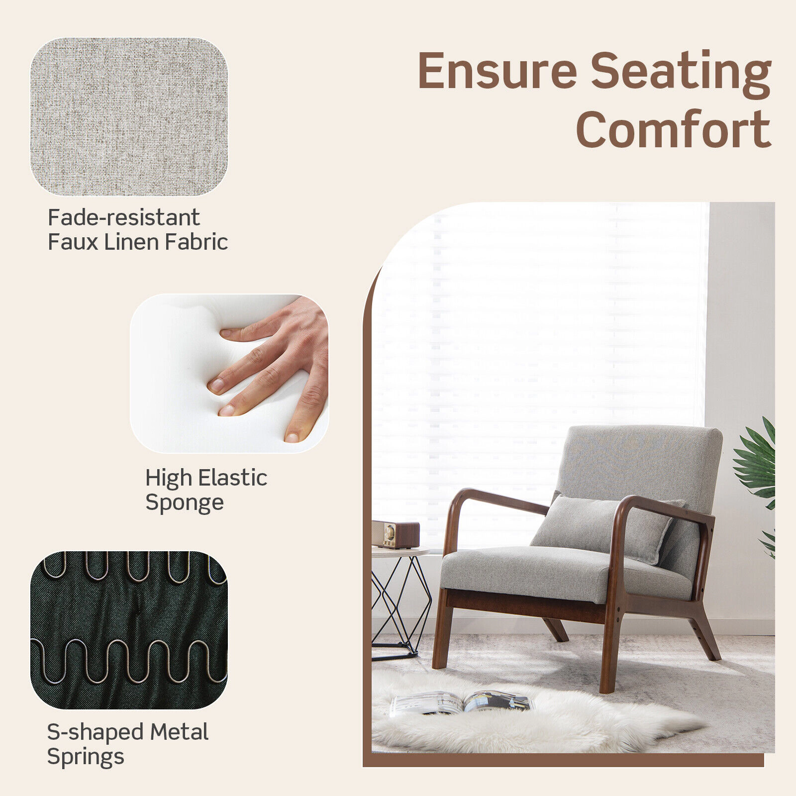 SUGIFT Modern Accent Lounge Chair, 102-Degree Tilt, Rubber Wood Arms, Faux Linen, Gray