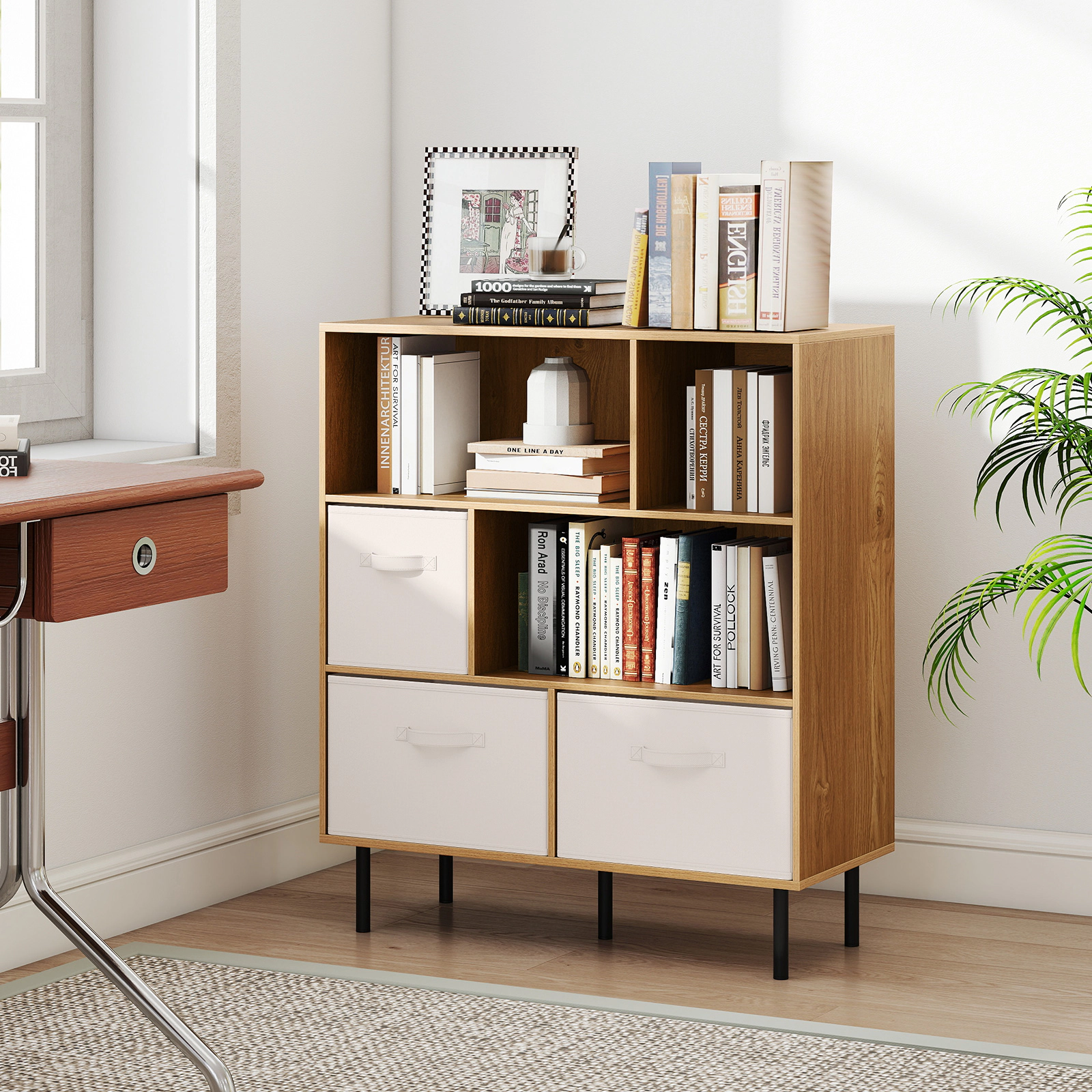 SUGIFT 6-Cube Bookshelf with 3 Removable Folding Fabric Drawers 330-lb Capacity Natural with Beige Drawers