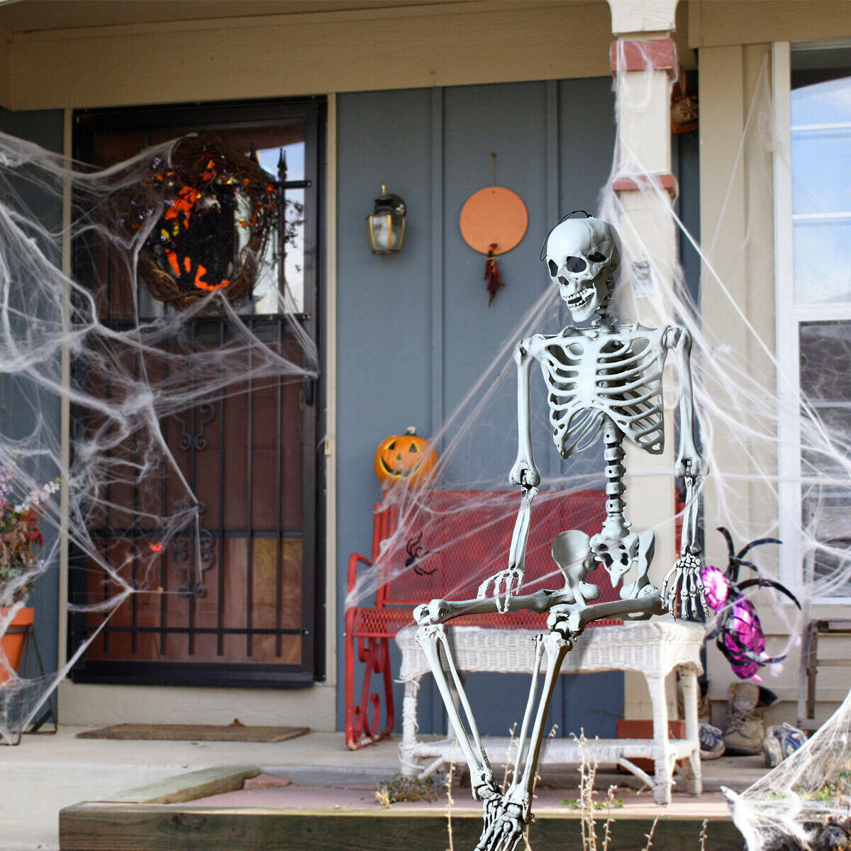SUGIFT 5.4-ft Poseable Joints Hanging Rope Full Body Life Size Halloween Skeleton Prop Decoration 4-lb White