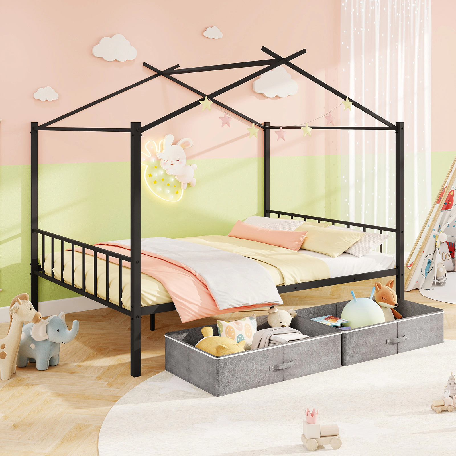 SUGIFT Full-Size Metal House Bed for Kids, 2 Zippered Drawers, Black