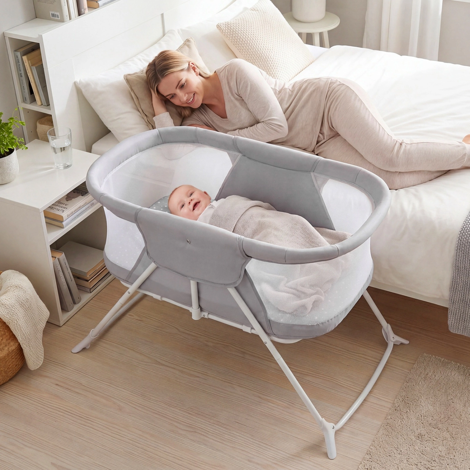 SUGIFT 2-in-1 Rocking & Stationary Bassinet Foldable Bedside Sleeper 66-lb Capacity Ages 0-5 Months Black/Gray/Beige
