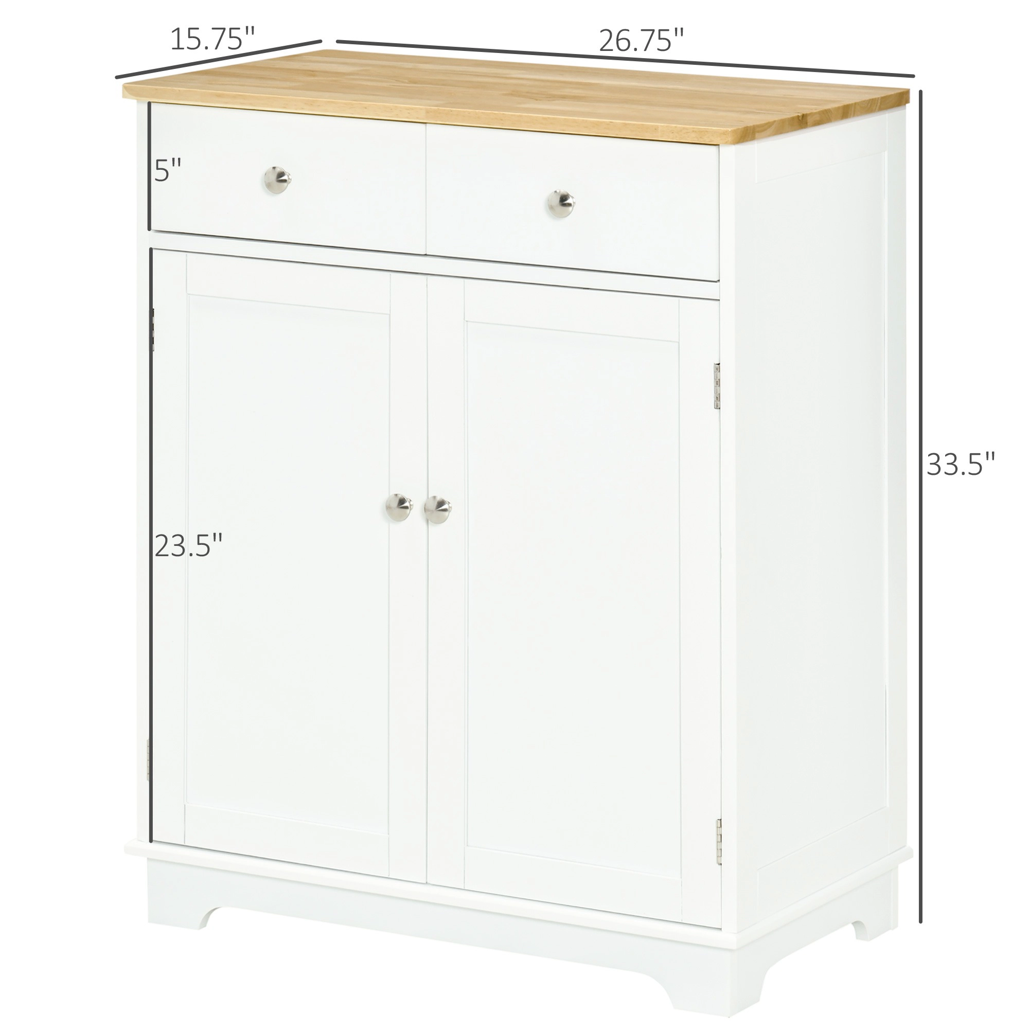 HONGGE Kitchen Storage Cabinet with Solid Wood Top, Adjustable Shelf and 2 Drawers, White Sideboard Cupboard