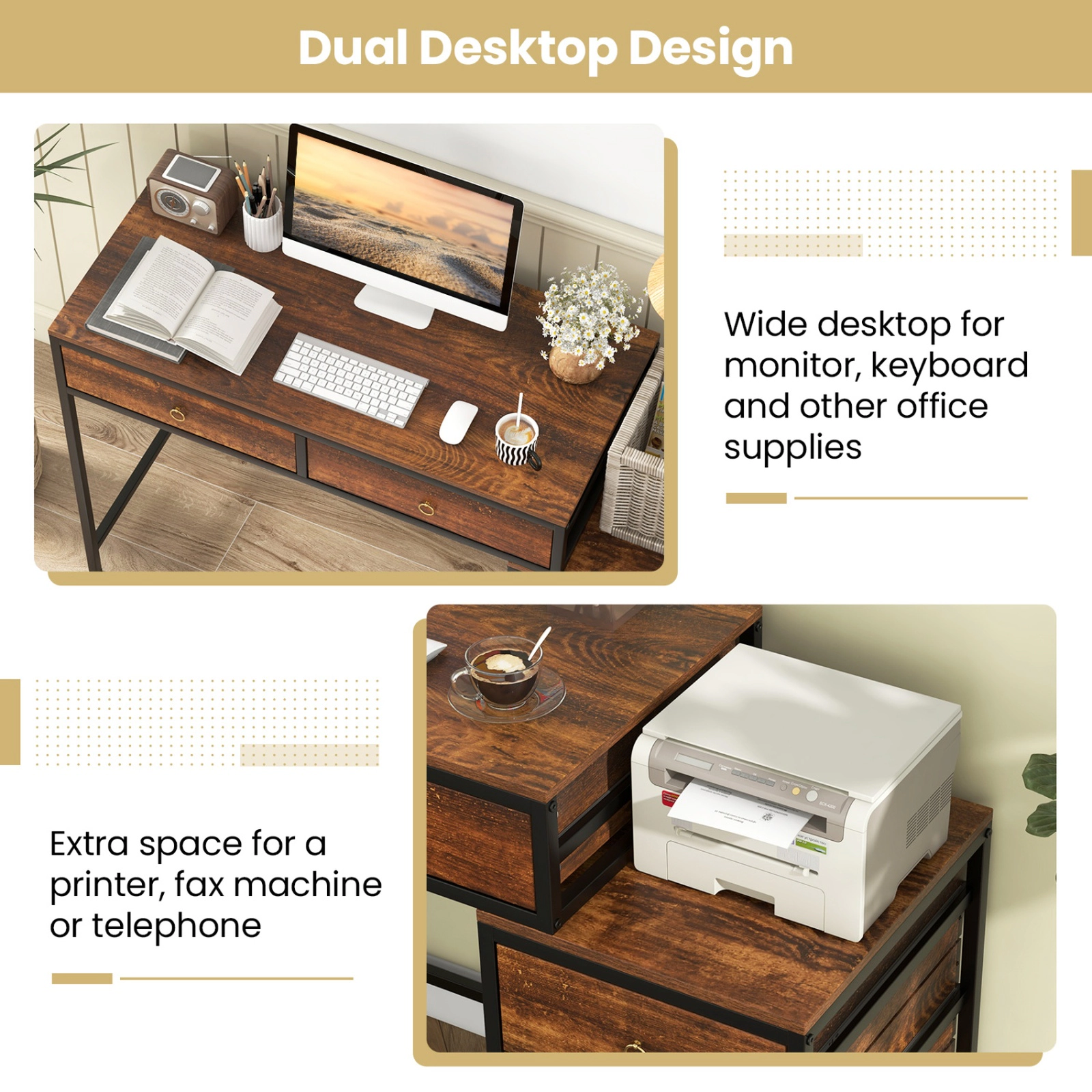 SUGIFT 51-in Computer Desk with 5 Drawers and Side File Cabinet 380-lb Capacity Rustic Brown & Black Home Office Desk