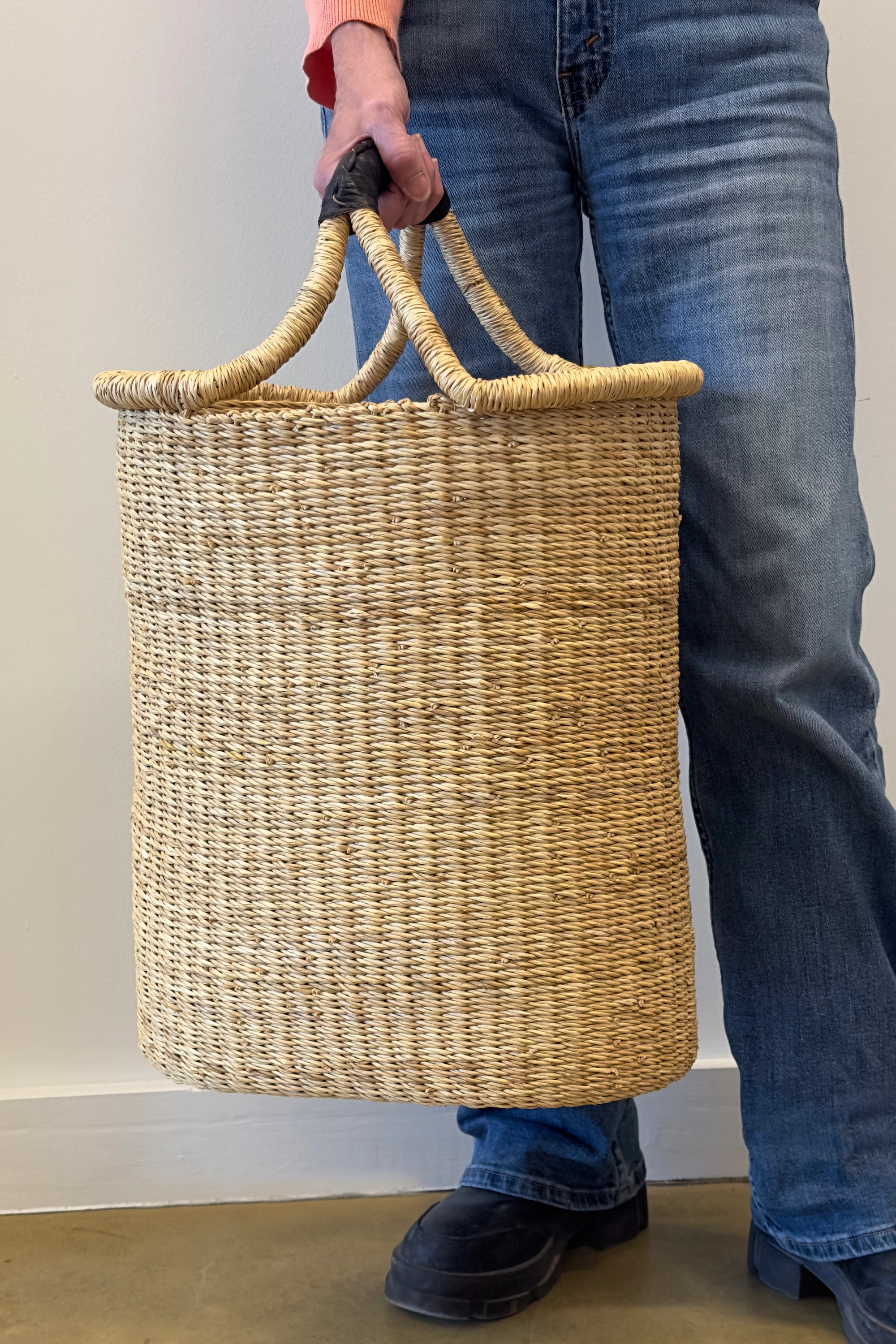 Mbare Handwoven Double Weave Pot Basket with Leather Handle