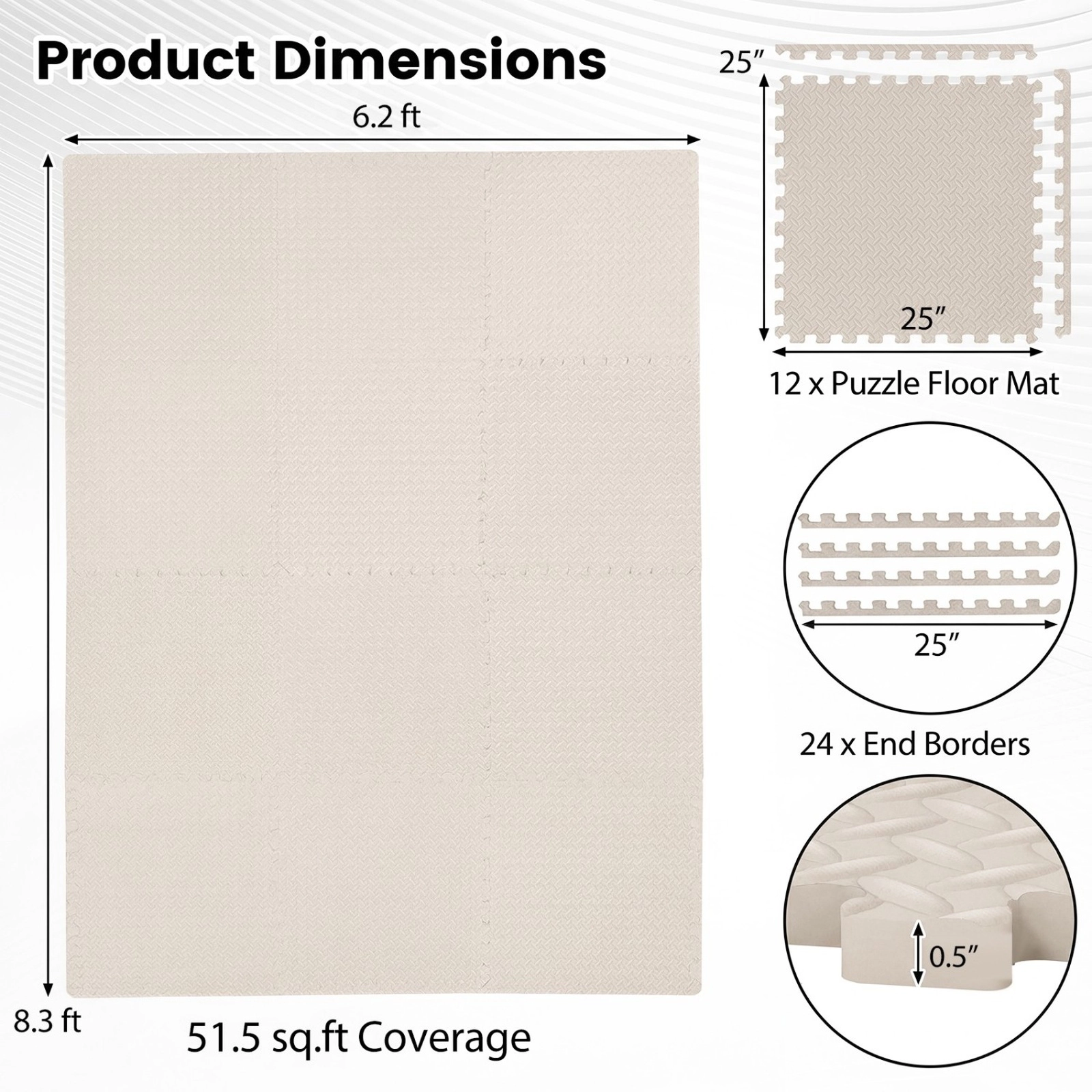 SUGIFT Beige 12-Piece 25-in x 25-in 0.5-in Thick Interlocking EVA Foam Puzzle Exercise Floor Mats with Borders