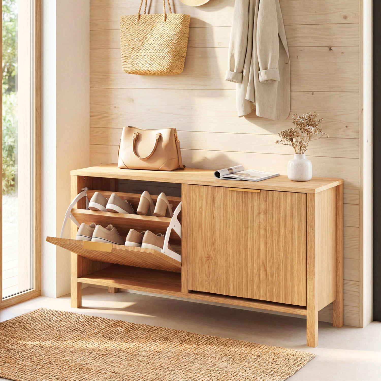 SlickBlue Narrow Entryway Shoe Bench with Adjustable Shelves