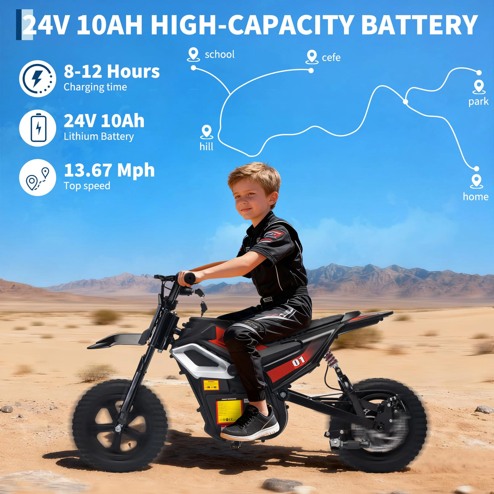 24V Kids Dirt Bike, Ride-On Off-Road Motorcycle with Twist Grip Throttle, 350W Motor, 13.67MPH