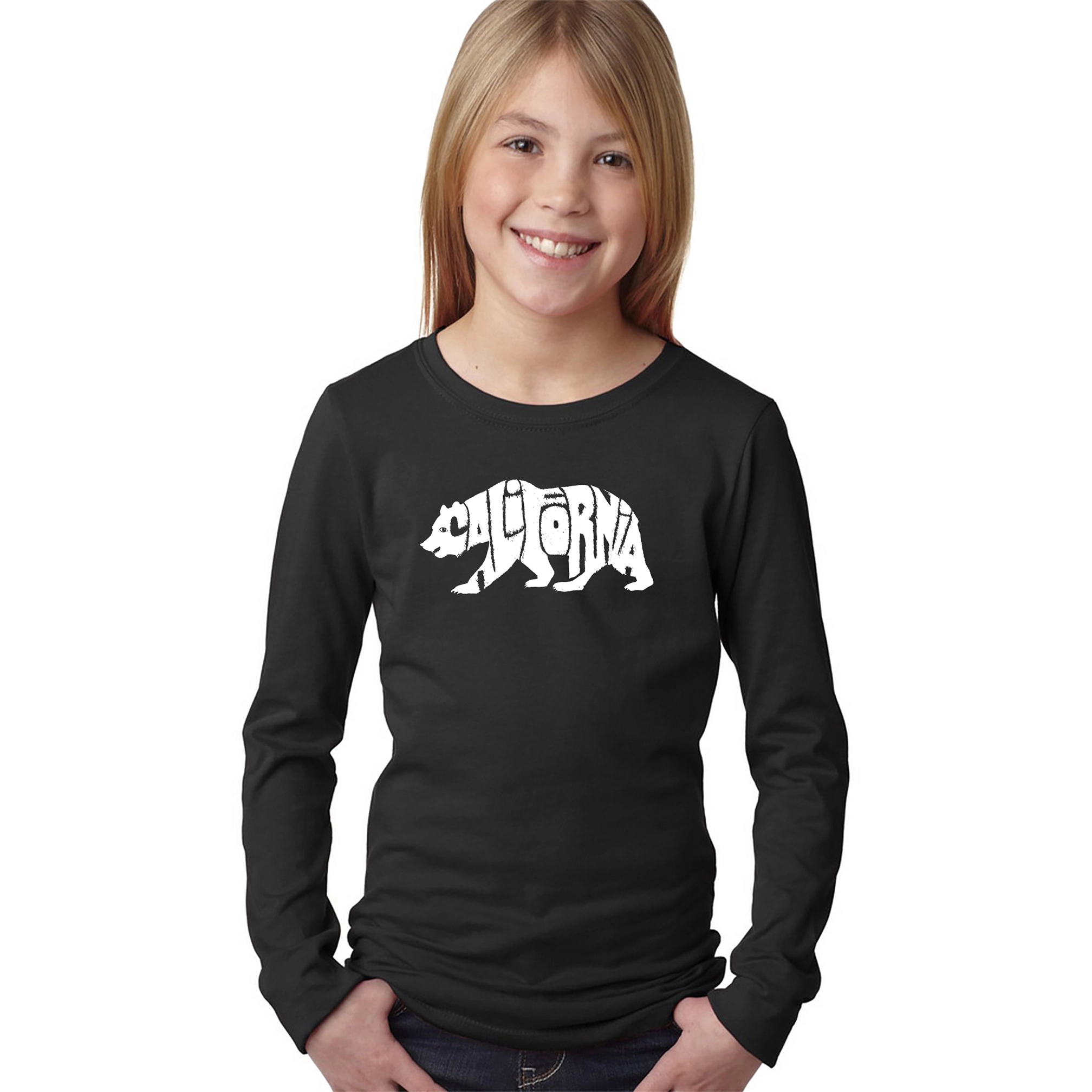 LA Pop Art Girls Long Sleeve Word T-Shirt - California Bear