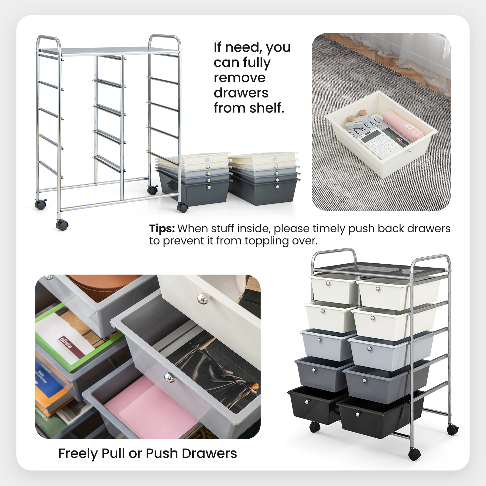 SUGIFT 10-Drawer Rolling Storage Cart with Mesh Top 22-lb Platform Capacity 5.5-lb Drawer Capacity Beige & Gray