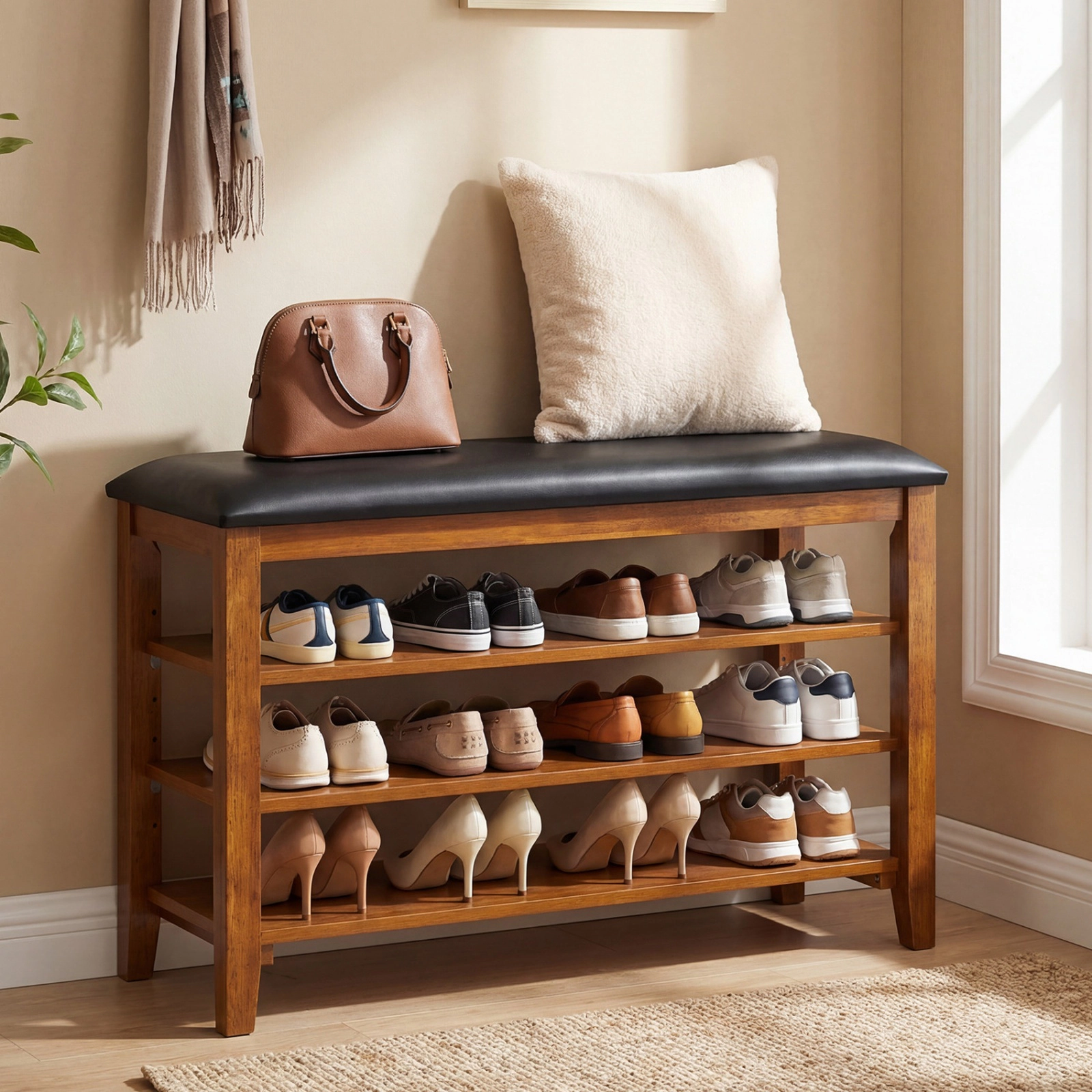 SUGIFT 3-Tier Shoe Rack Bench with Adjustable Shelves and Soft Cushion 31.5-in Frame 300-lb Top Capacity Brown + Black