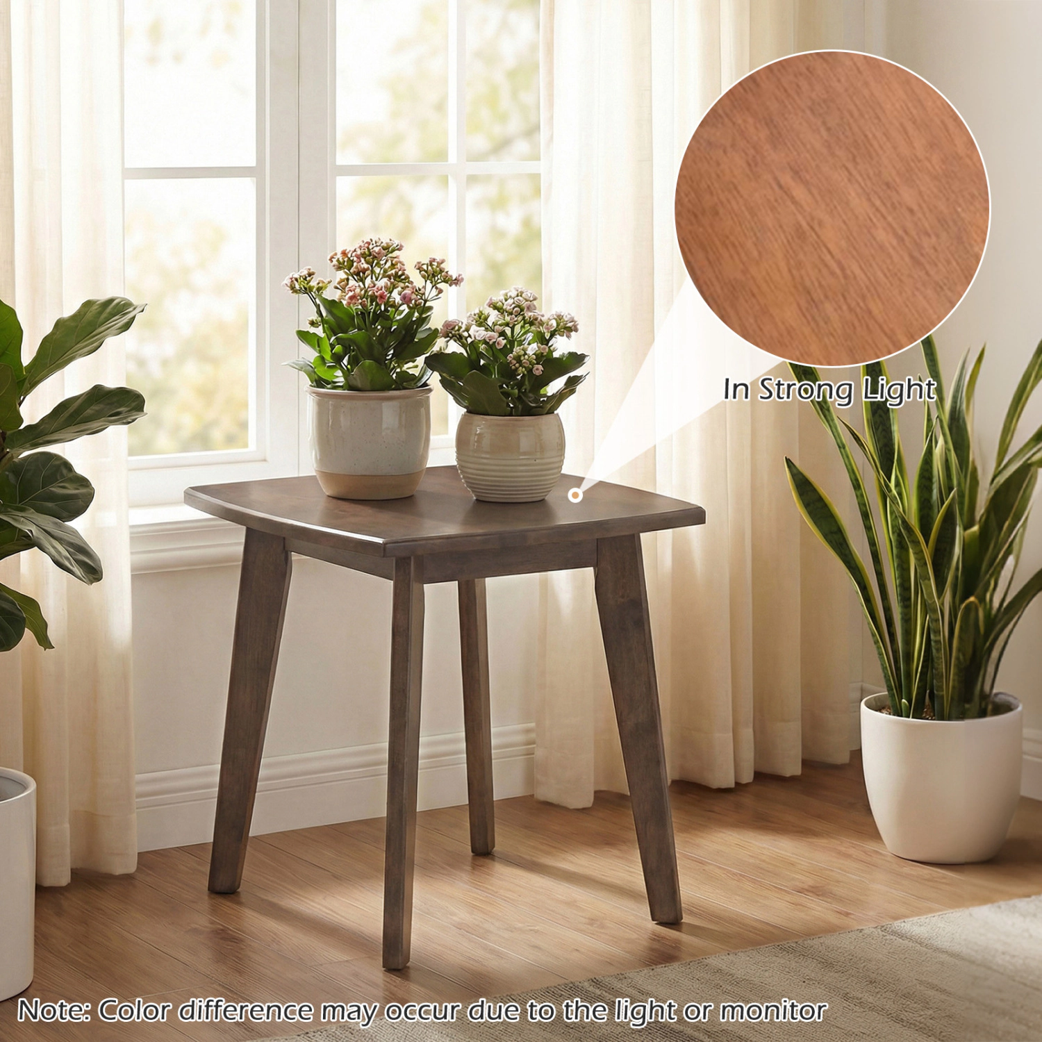 Glintex Solid Rubber Wood Square End Table with Thickened Top and Curved Edges, Walnut