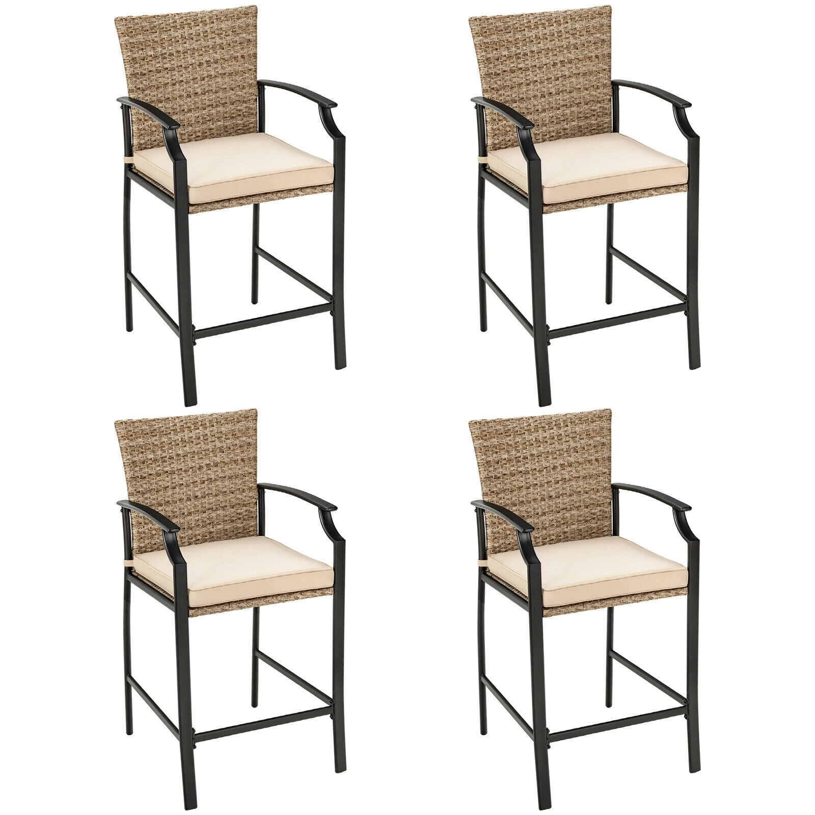 SUGIFT Set of 4 Armrests High Backrest and 2-in Cushions Patio Rattan 330-lb Rated Bar Stools Beige