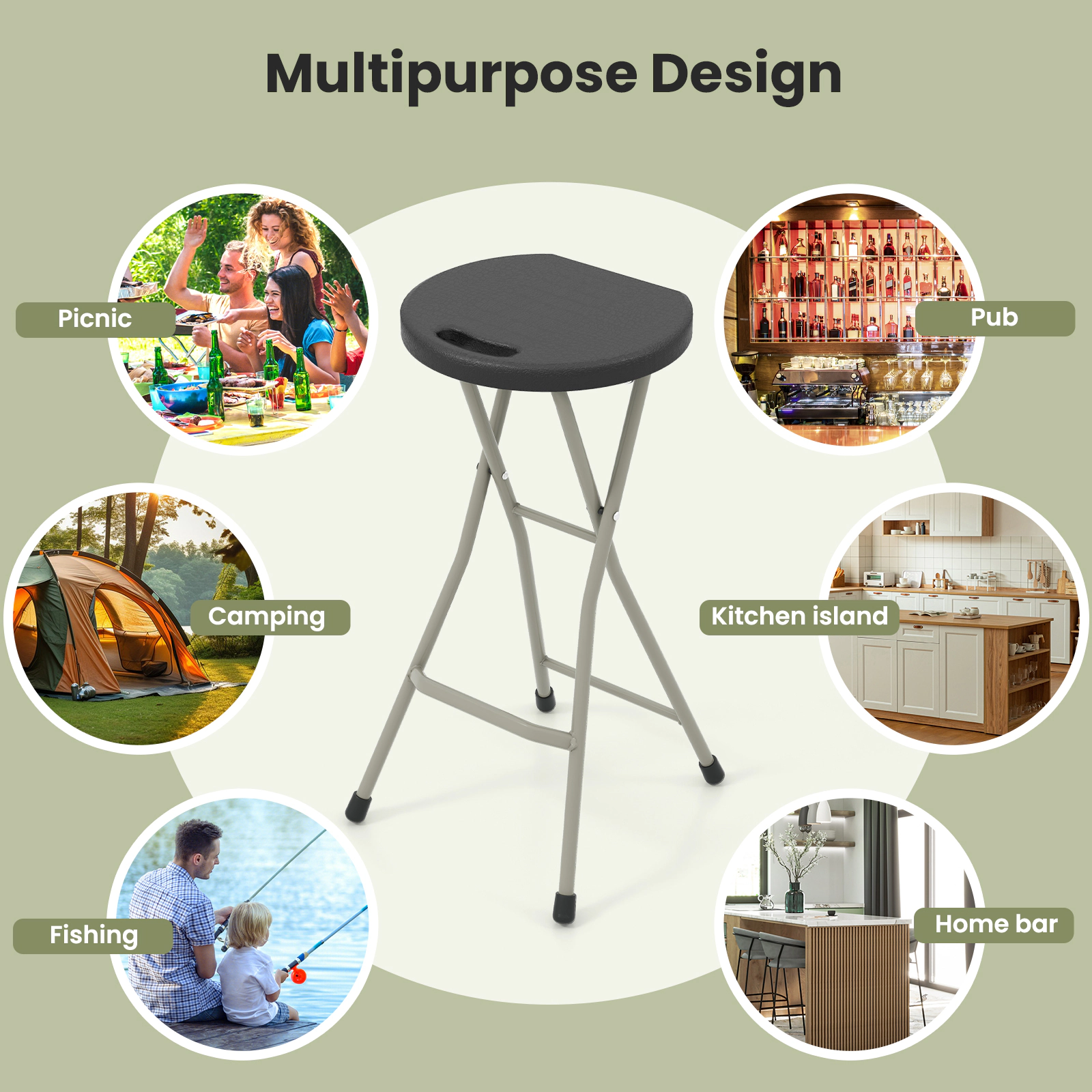 SUGIFT Portable Folding Dining Stool with Footrest 330-lb Capacity 28-in Height Black Silver