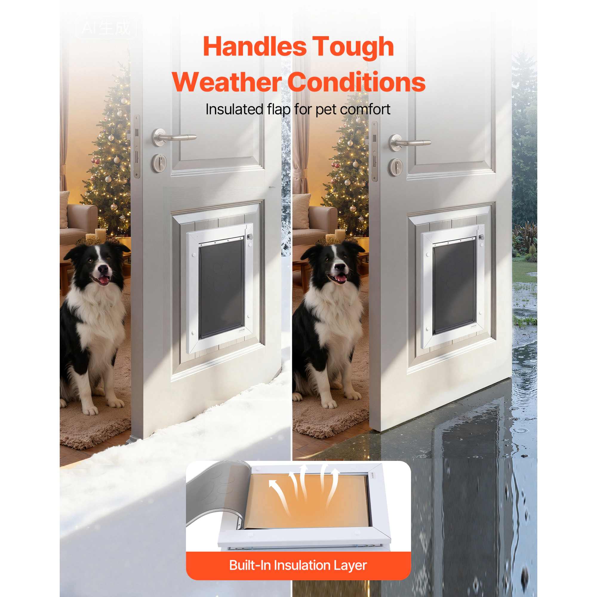 HONGGE Pet Door, Large, Triple Magnetic Flap Metal Frame, Weatherproof for Interior and Exterior Doors, White