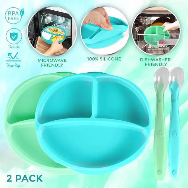 Sperric Silicone Suction Plate for Baby, 100% Food Grade Divided Plate, Self Feeding Training & Spoon 2Set