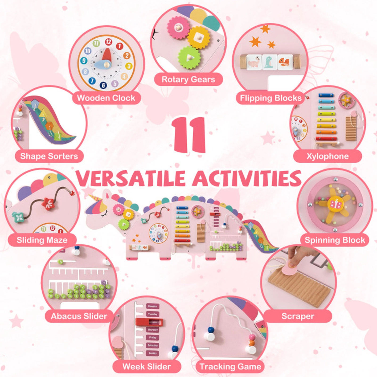 SUGIFT 11-in-1 Dinosaur Busy Board Wall Panels with 8-Note Xylophone Sliding Maze and Rotary Gears