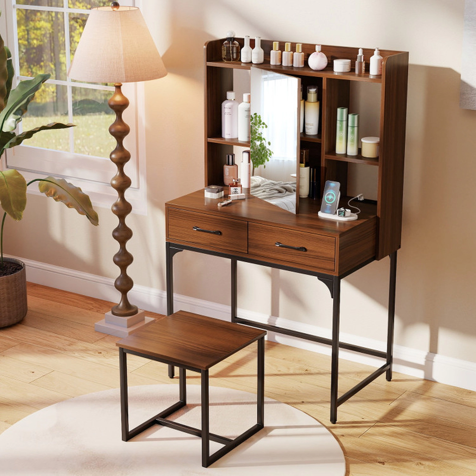 SUGIFT Vanity Desk Mirrored Cabinet, Storage Drawers & Charging Station 44-lb Tabletop Capacity with Stool White/Walnut