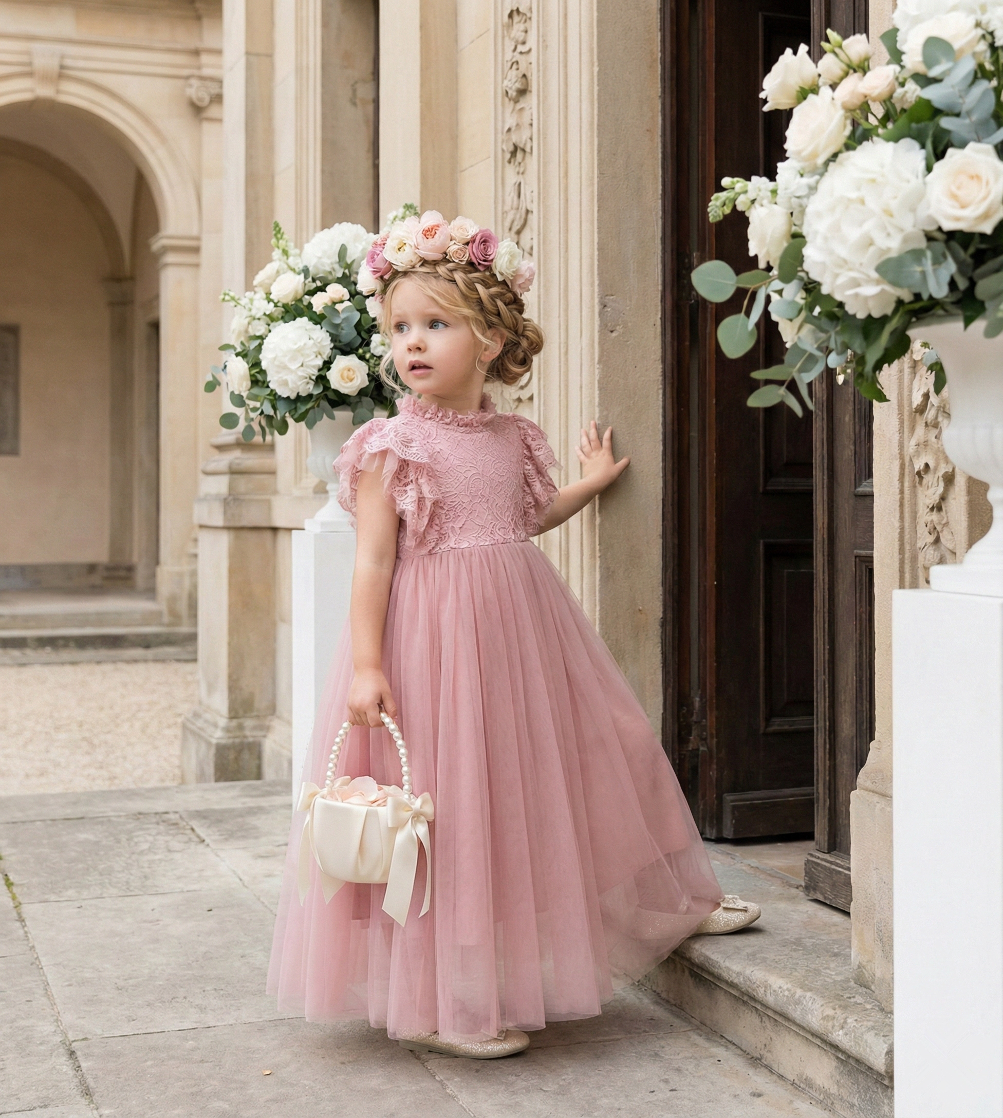 2Bunnies Girls' 2T-10Y Iris Floral Lace Tulle Flower Girl Dress