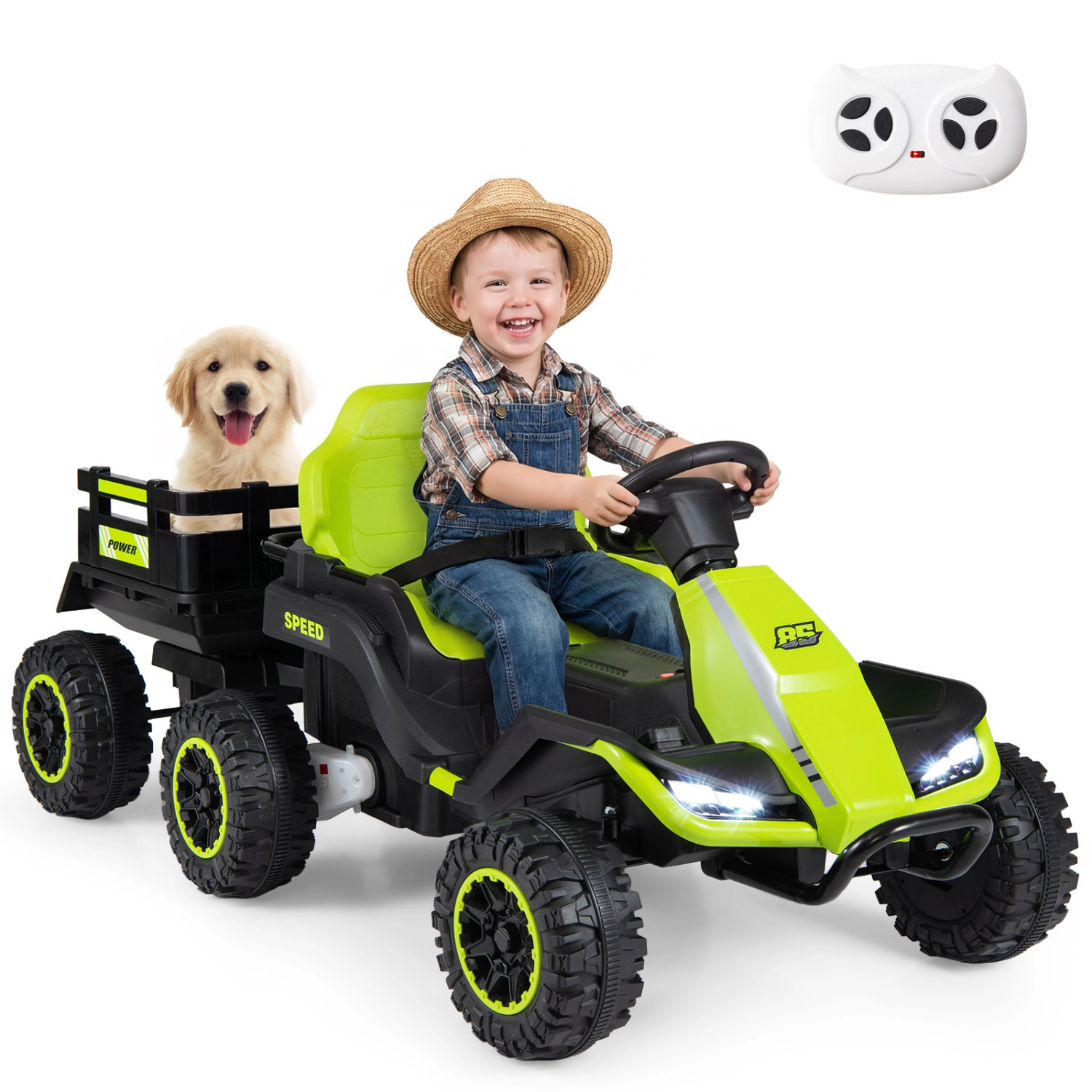 LJG 24V Ride on Tractor with Detachable Trailer and Music for Boys Girls