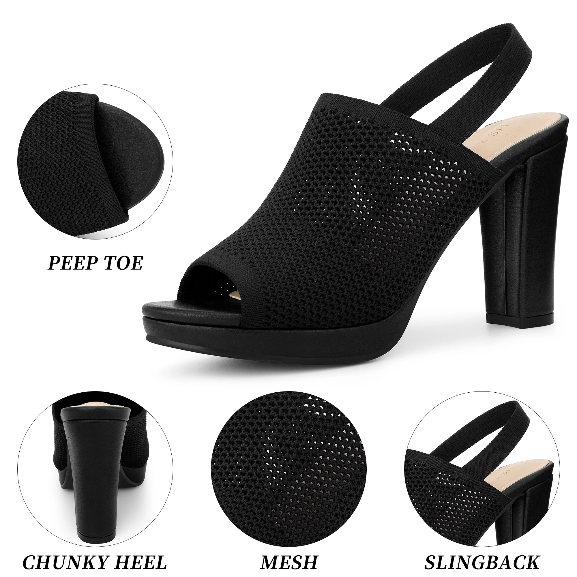 BLISSFUL STEP Women's Knit Peep Toe Platform Slingback Chunky Heels Sandals