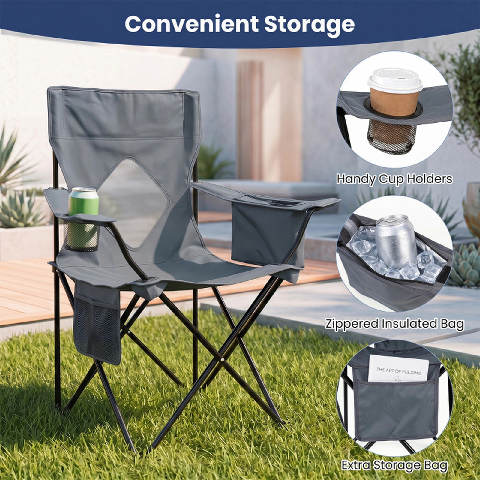 SUGIFT 330-lb Capacity 20-in Wide Seat Folding Camping Chair with Mesh Backrest Cup Holder and Carry Bag