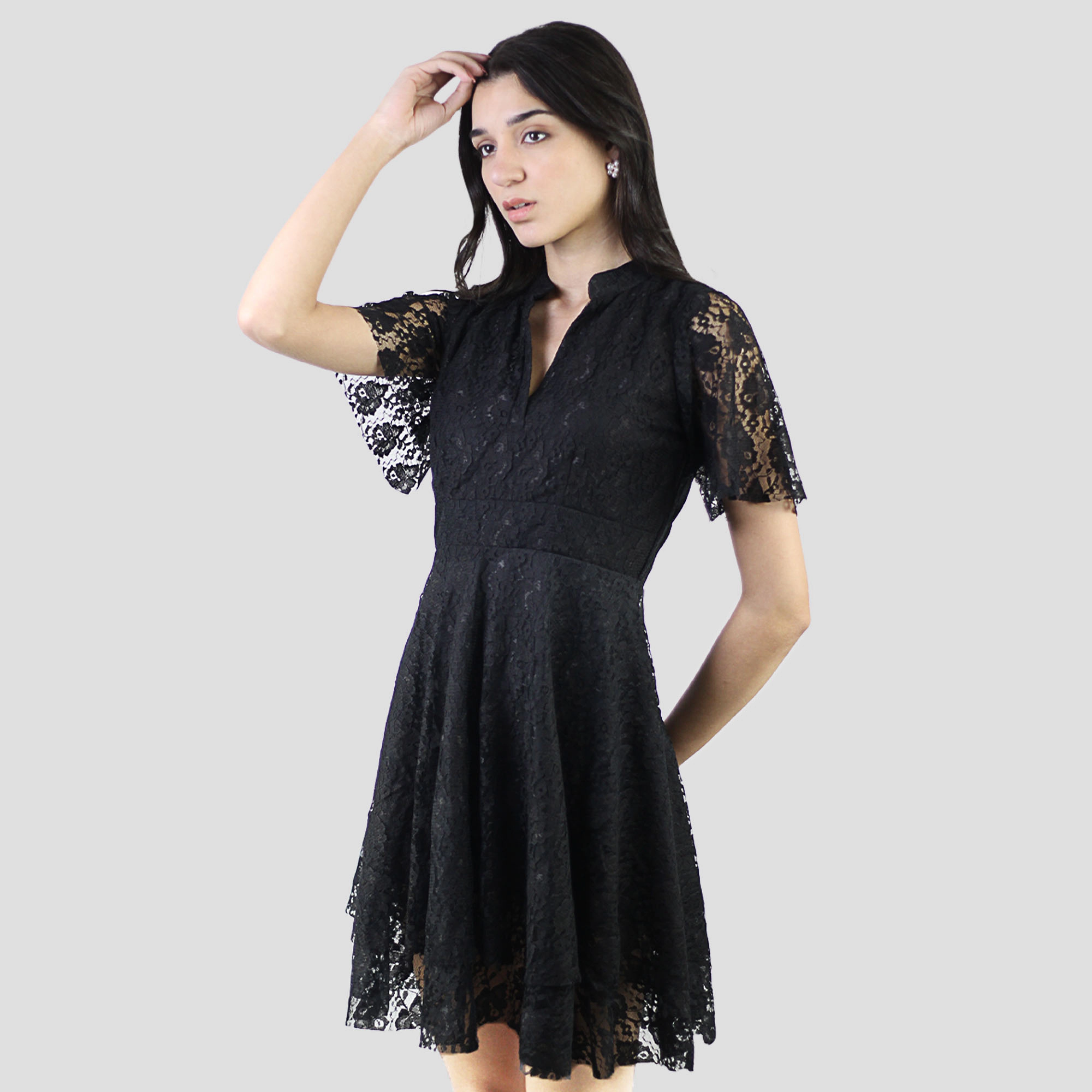 Artyska Women's Elegant Floral Lace V-Neck Short Sleeve Cocktail Party Dress