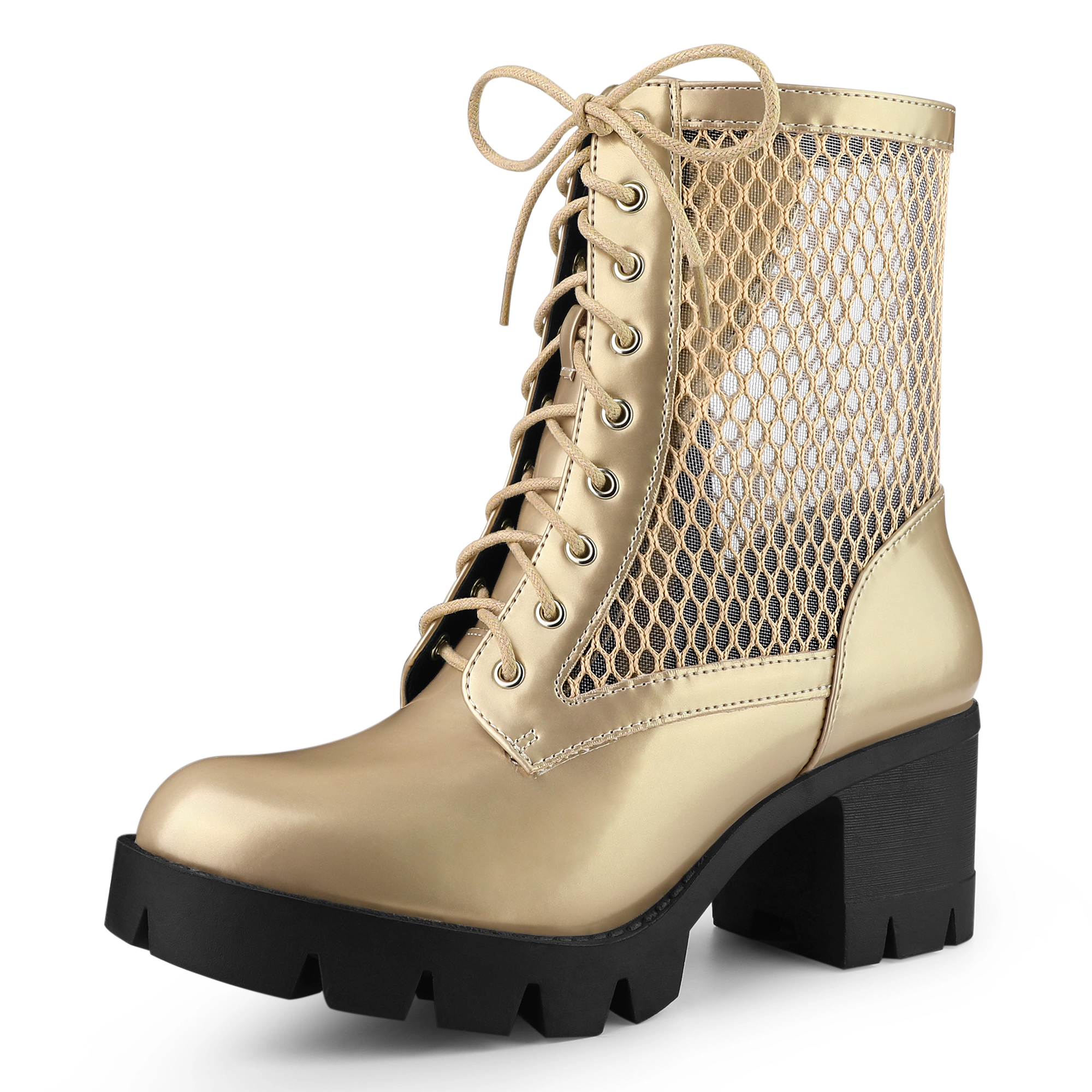 BLISSFUL STEP Women Mesh Lace Up Platform Lug Sole Chunky Heel Combat Boots