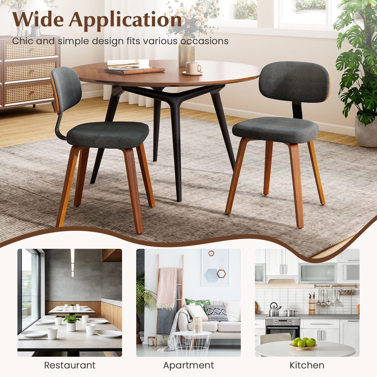 SUGIFT Chenille Fabric Upholstered Wooden Dining Chairs Set of 2 330-Lb Capacity Dark Gray