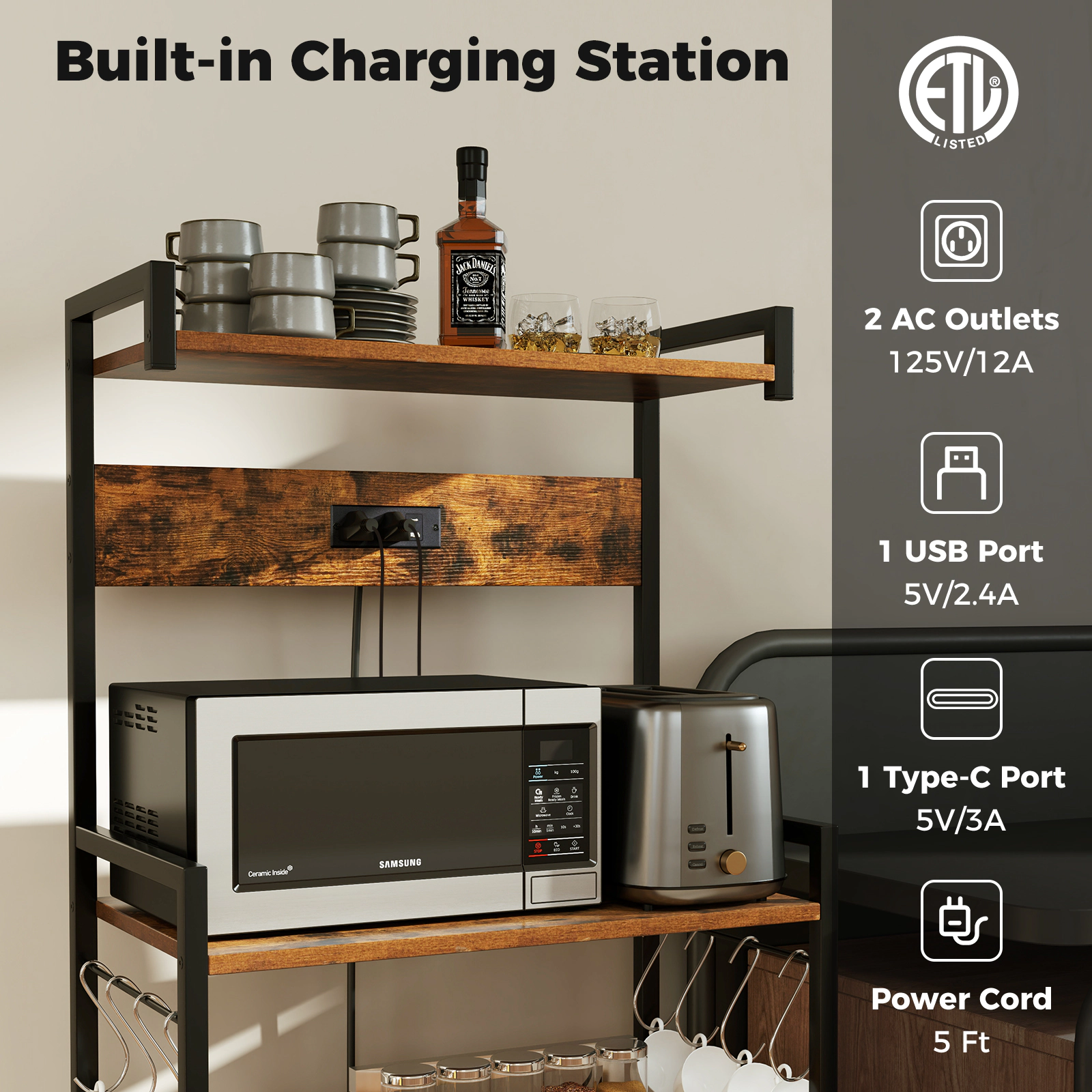 SUGIFT 4-Tier Kitchen Bakers Rack Shelving Unit with Power Outlet 55-lb Top Shelf Capacity 4-Shelf 8-Hook Rustic Brown