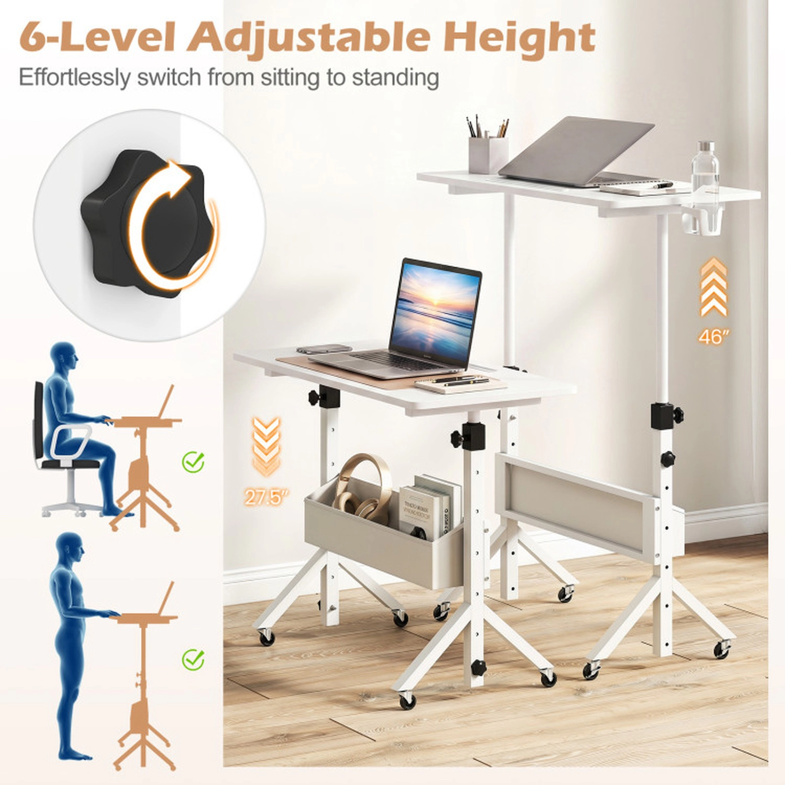 SUGIFT White 6 Height Settings Cup Holder and Storage Basket Mobile Standing Desk