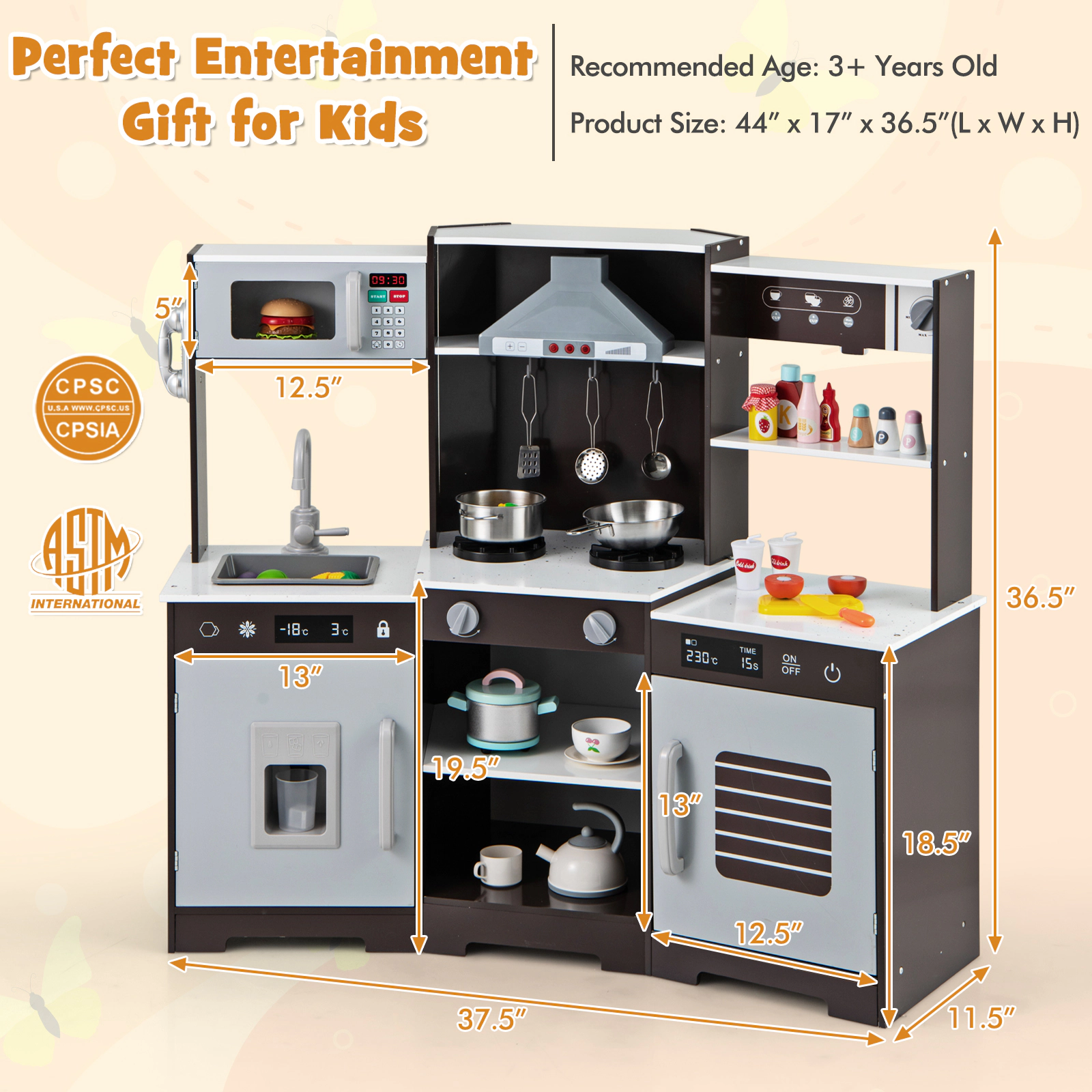 SUGIFT Pretend Play Wooden Kitchen Toy Set with Range Hood Real Sounds and Lights 44-in Tall Ages 3+ Brown/White