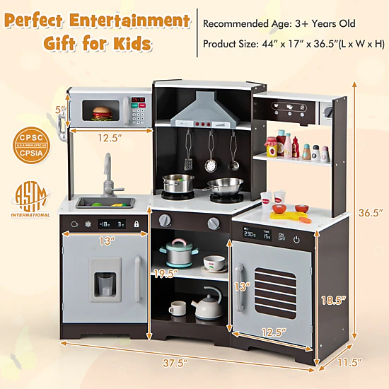 SUGIFT Pretend Play Wooden Kitchen Toy Set with Range Hood Real Sounds and Lights 44-in Tall Ages 3+ Brown/White