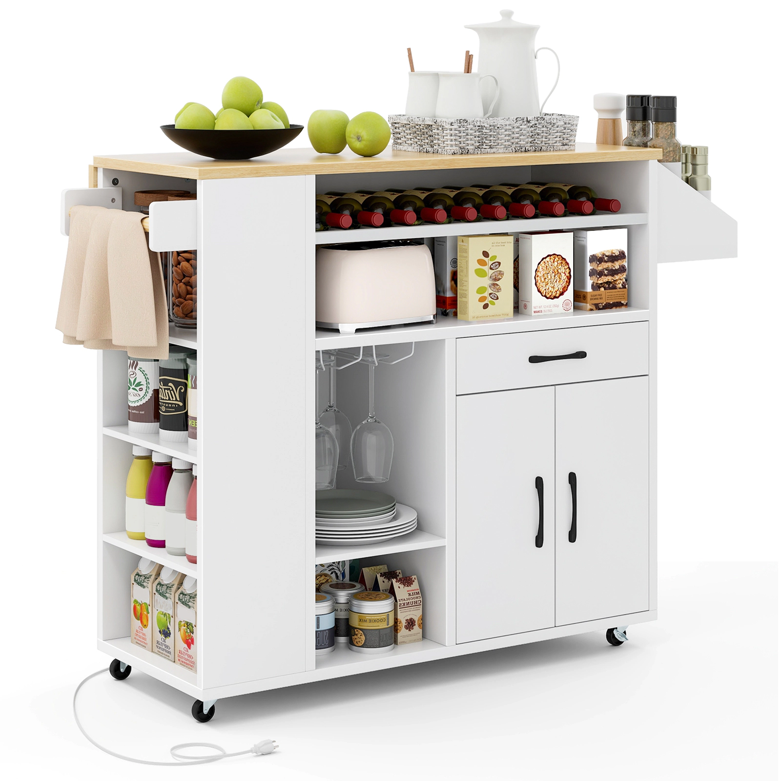 SUGIFT Rolling Kitchen Island Cart with 2 Power Outlets USB Charging Wine Bar Cabinet and Drop Leaf