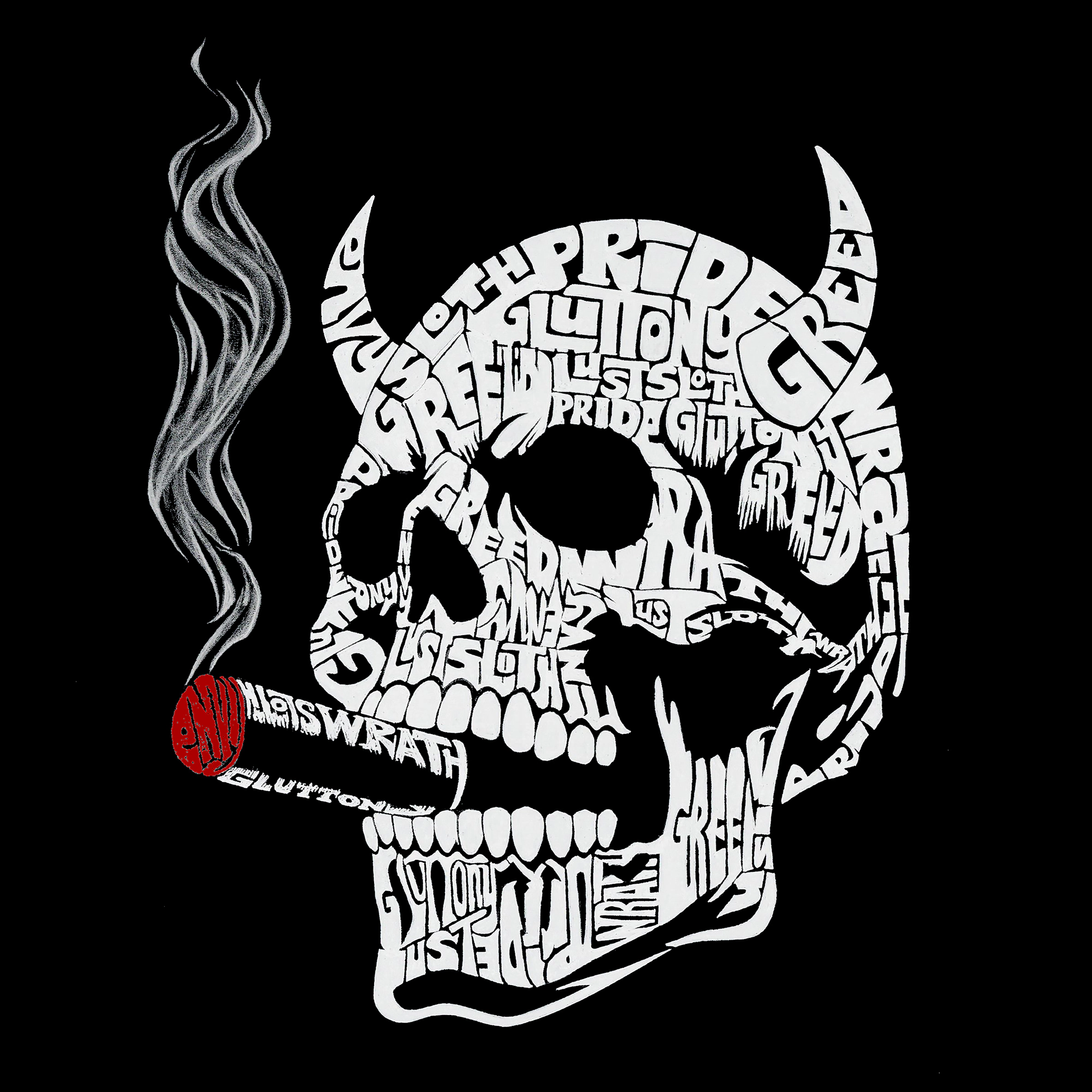 LA Pop Art Men's Cotton/Poly Blend Word T-Shirt - 7 Deadly Sins Skull