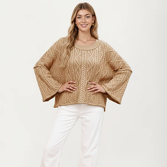 Anna-Kaci Women's Cable Knit Pullover Sweater with Relaxed Fit and Wide Cuff Sleeves