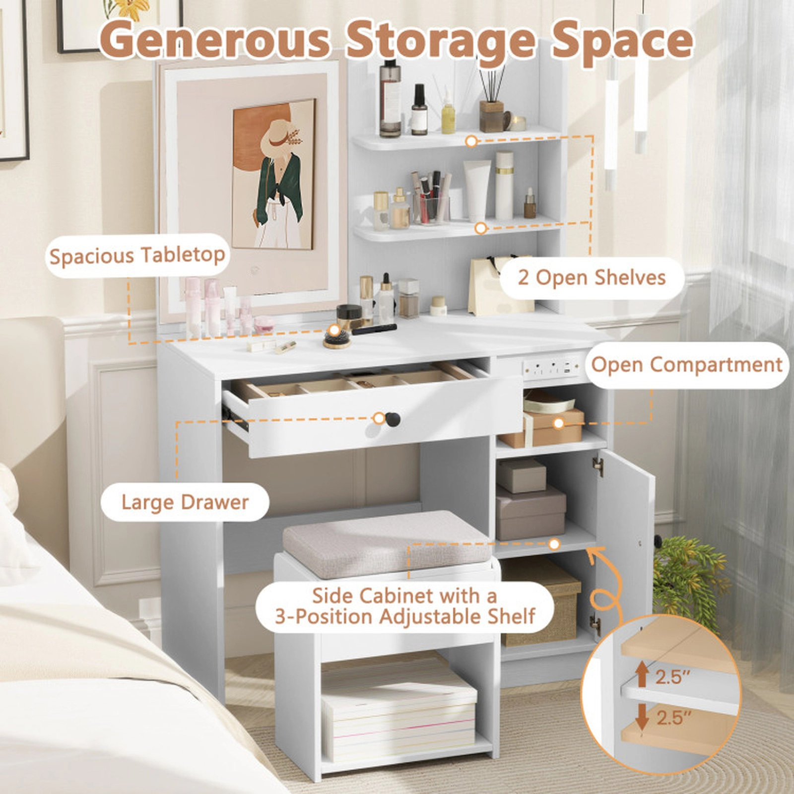 SUGIFT Vanity Desk Lighted Mirror Built-In Outlets & Storage Stool 110-lb Tabletop Capacity 330-lb Stool Capacity White