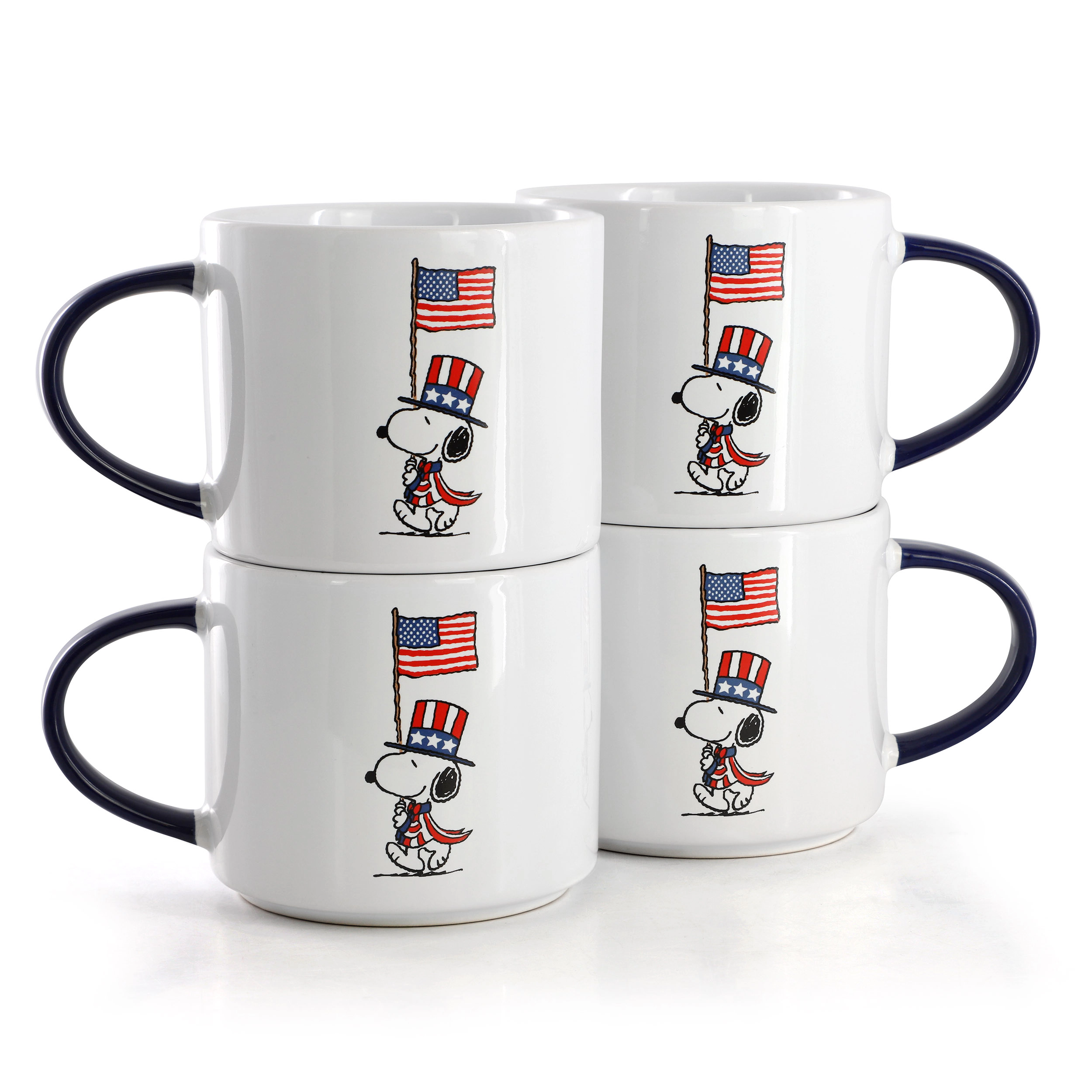 Peanuts Raise the Flag 4 Piece 15 Ounce Stoneware Mug Set in White, Blue, and Red