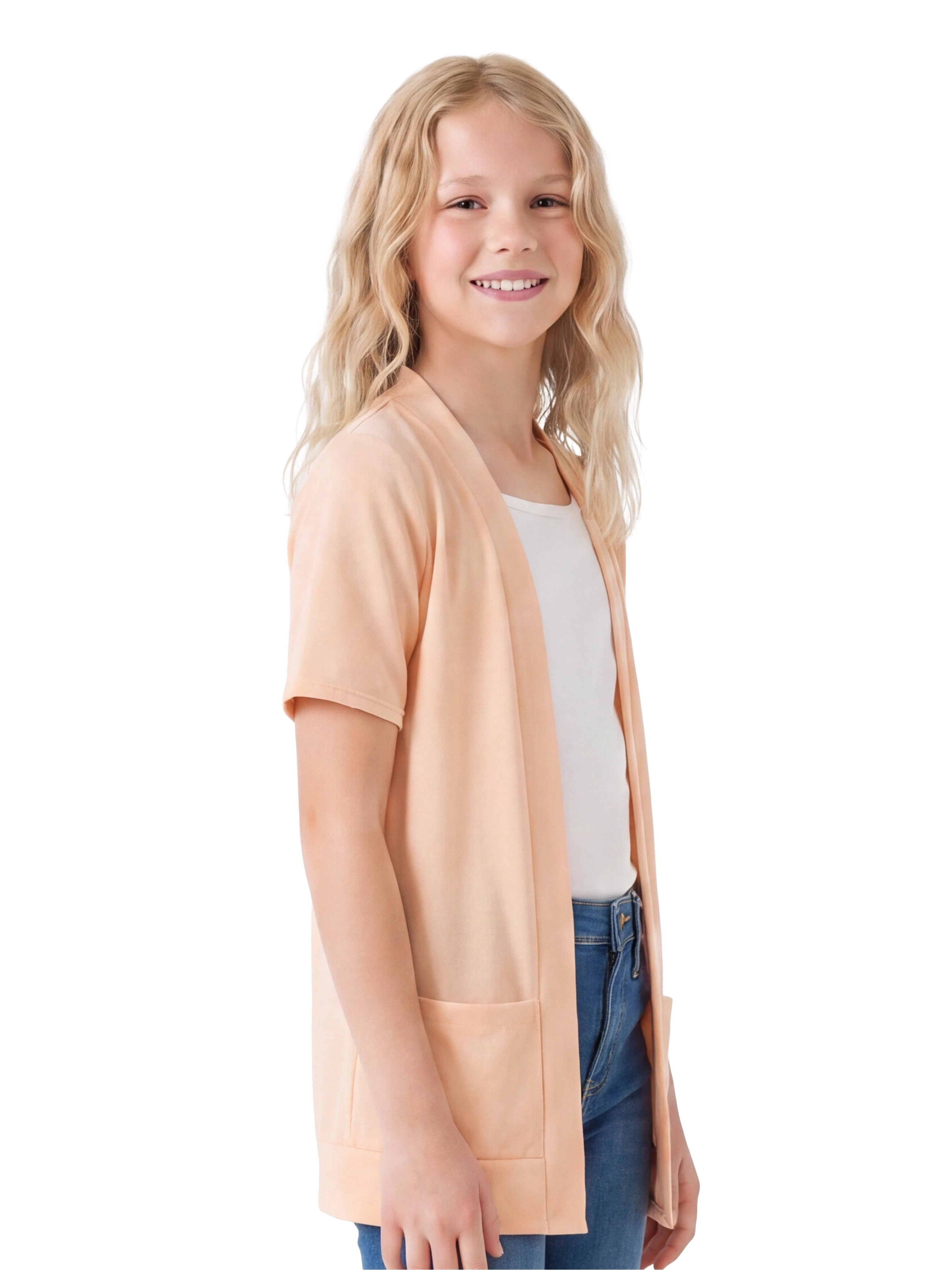24sevenKid Essential Girls Short Sleeve Open Front Layering Shrug with Pockets