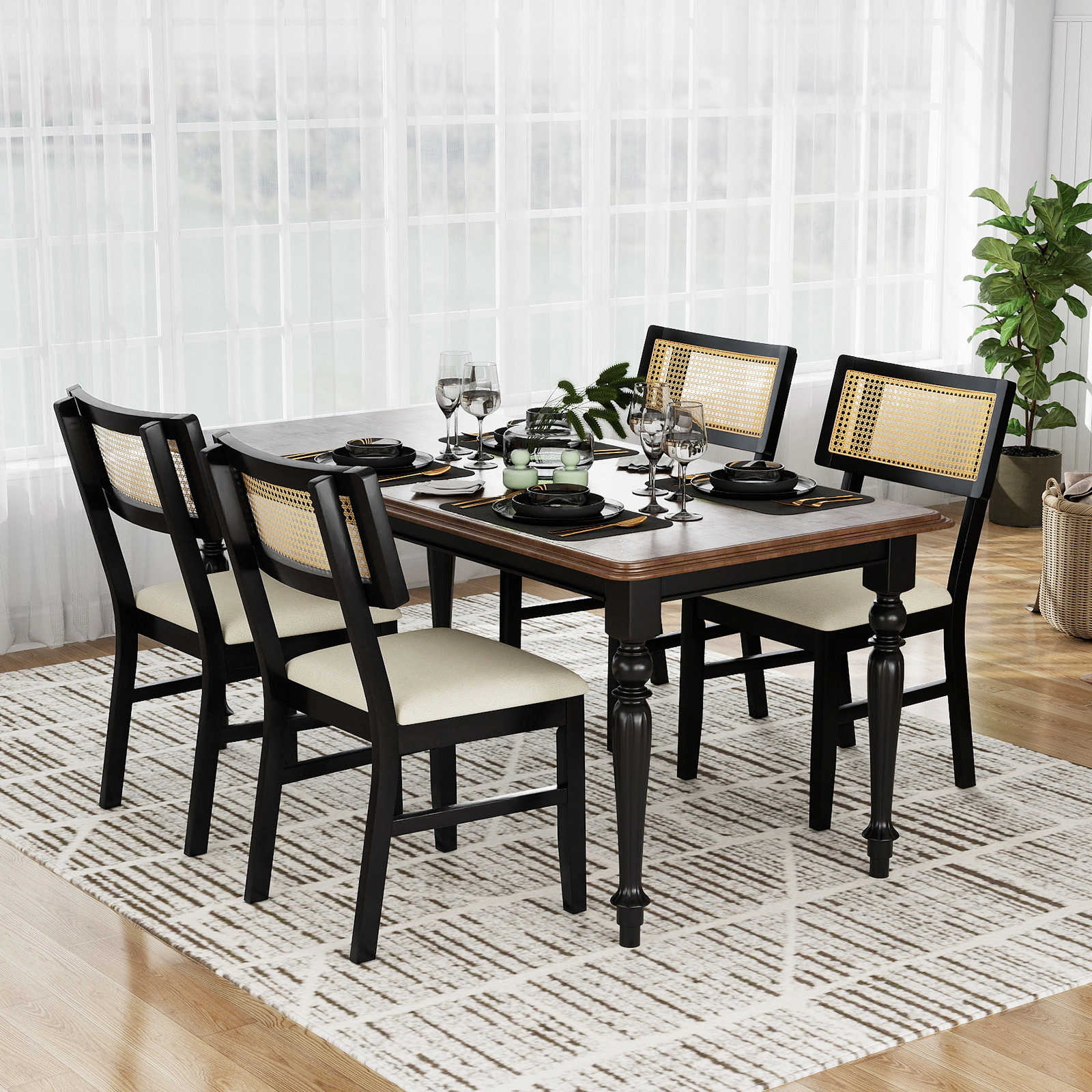LJG Rattan Dining Chairs Set of Fabric Upholstered Kitchen Chairs with Padded Seat and Rubber Wood Legs