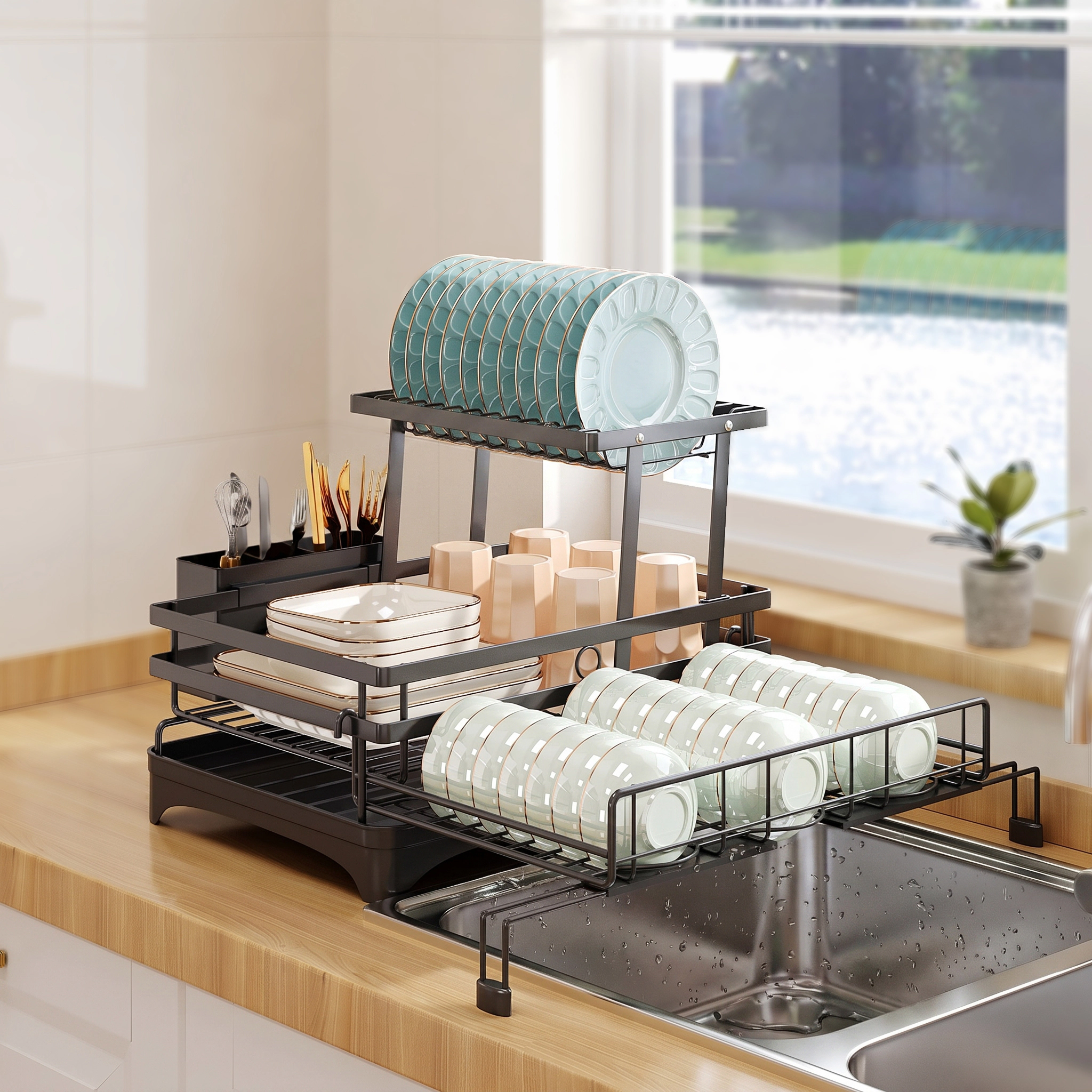 Mega Casa 2-in-1 Dish Drying Rack, Expandable 1 or 2 Tier Dish Strainer for Kitchen Counter
