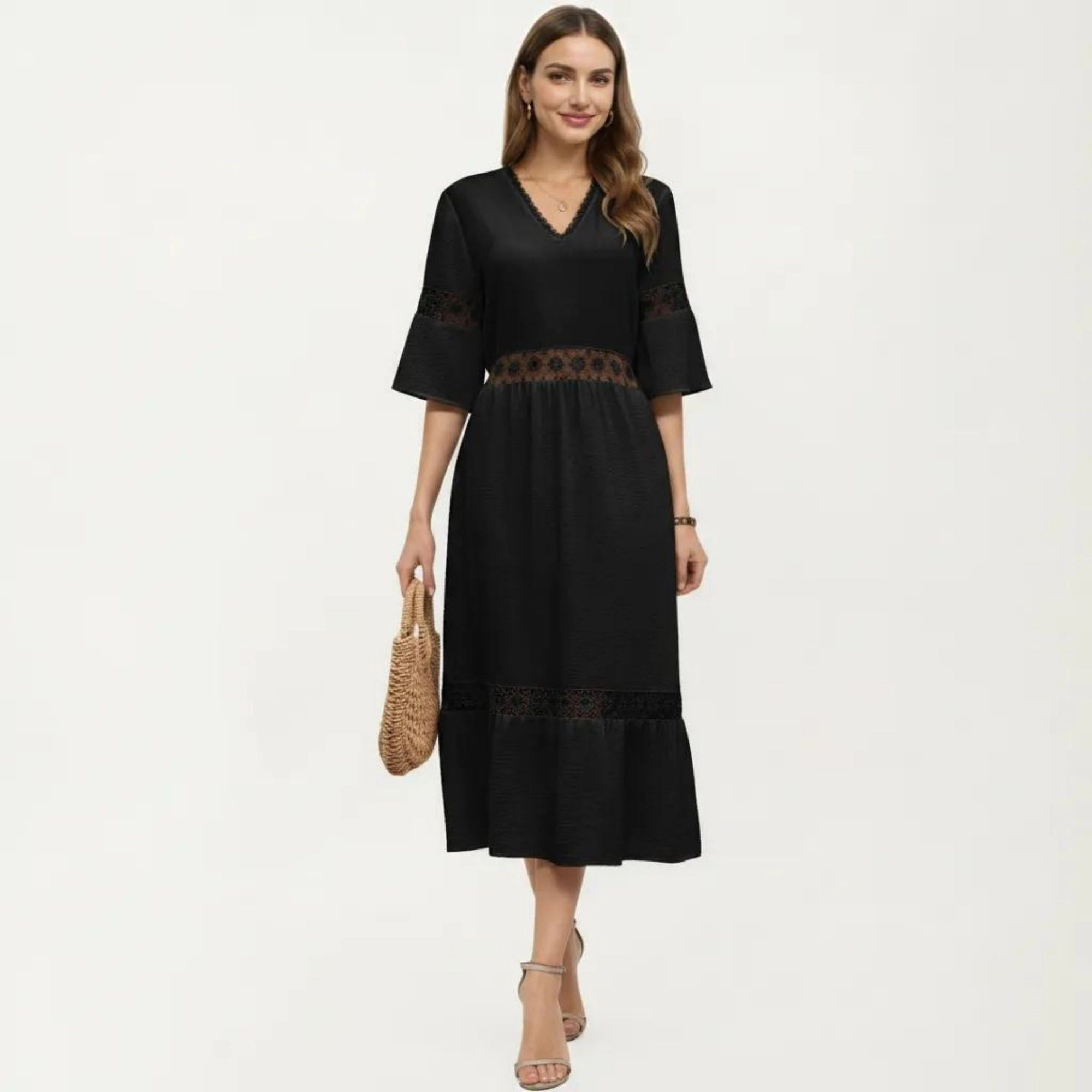 Anna-Kaci Women's V-Neck Lace Trim Paneling Short Wide Sleeves Midi Dress