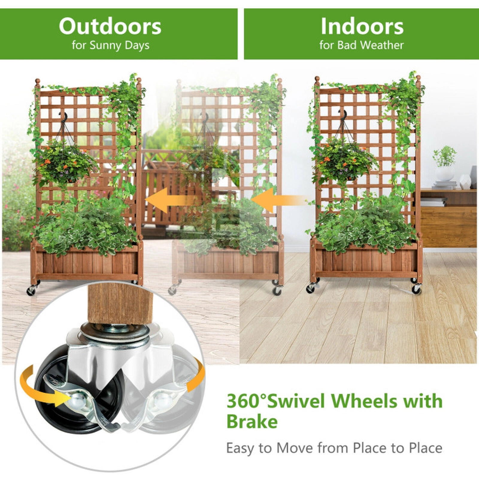 SUGIFT Natural Wood Planter Box with Climbing Trellis and 4 Wheels 25-in W 11-in D 50-in H 66-lb Bed Capacity