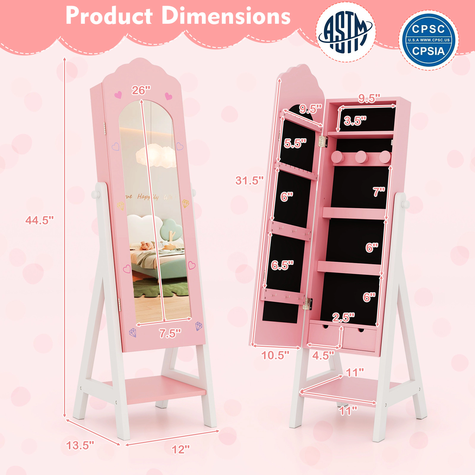SUGIFT Pink Full Length Mirror Drawer and Open Storage Shelves Kids Jewelry Organizer