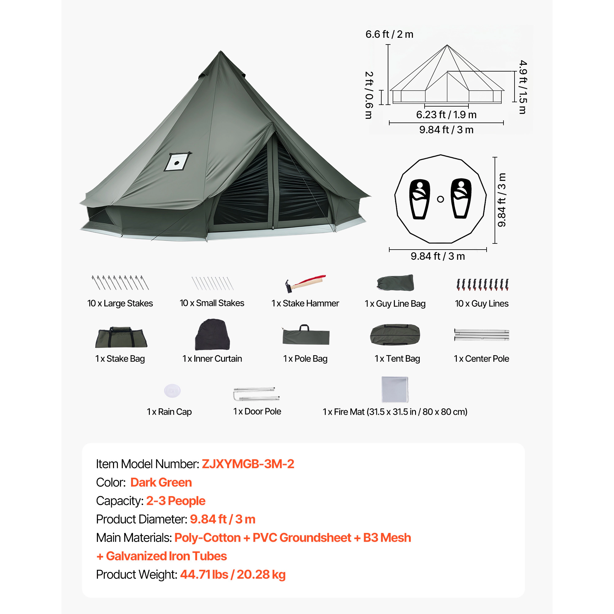 HONGGE Canvas Bell Tent 4 Seasons Yurt Tent for Camping with Stove Jack Canvas Breathable Holds with Zipped Detachable